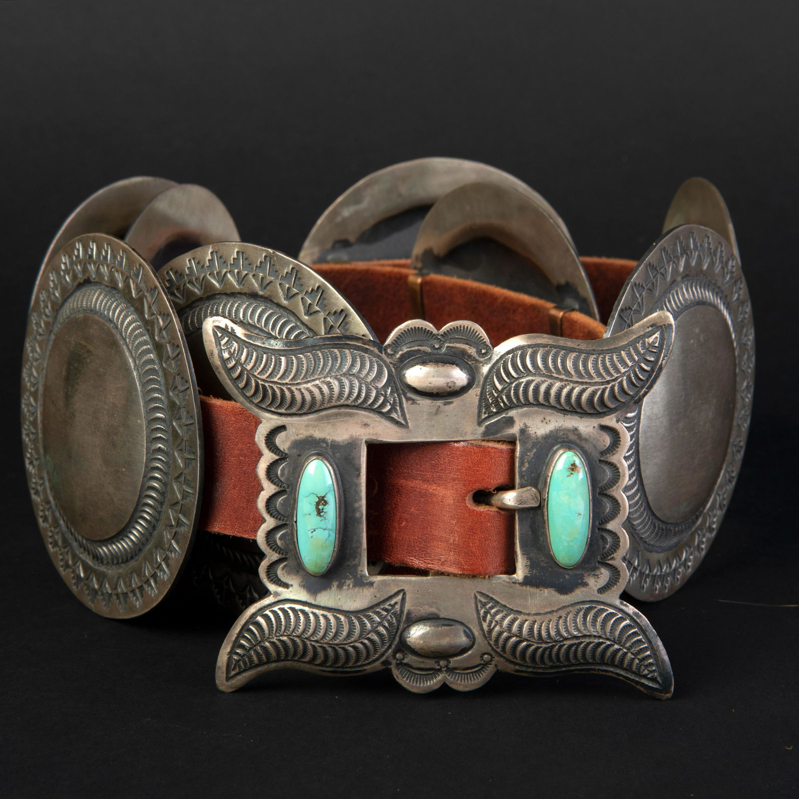 Dine [Navajo], Large Silver Concho Belt, ca. 1980 (1 of 2)