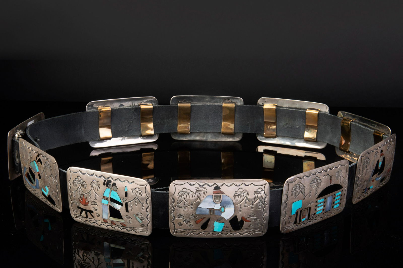 Benjamin Becenti, Multi-Stone Inlay and Sterling Silver Storyteller Concho Belt, ca. 1970 (1 of 3)