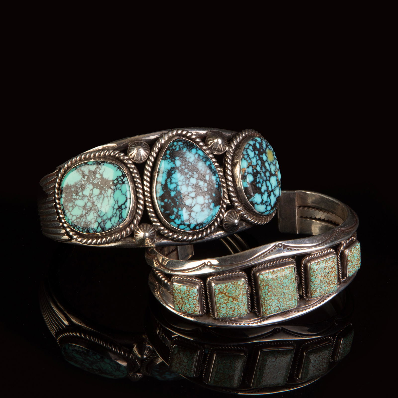 Dine [Navajo], Pair of Silver and Turquoise Cuff Bracelets: Silver and Turquoise Cuff Bracelet, ca.: Pair of Silver and Turquoise Cuff Bracelets: Silver and Turquoise Cuff Bracelet, ca. 1990s + Silver and Turquoise Cuff Bracelet, ca. 1990sDine [Navajo] <
