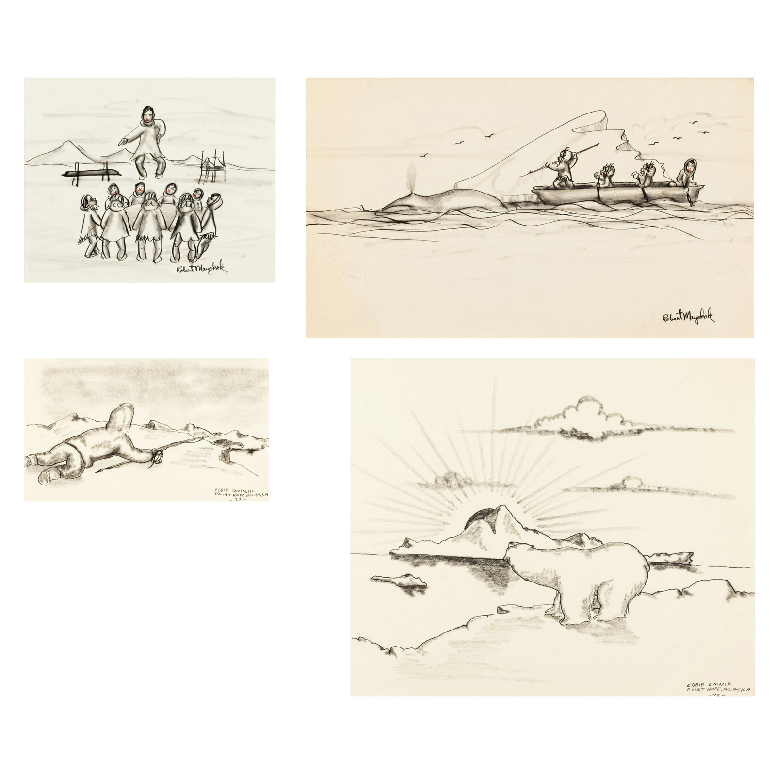 Group of Four Inuit Drawings: Children Playing + Fishing A Whale + Hunting A Seal, 1973 + Polar Bear: Group of Four Inuit Drawings: Children Playing + Fishing A Whale + Hunting A Seal, 1973 + Polar Bear Watches Sun Rise, 1973 Robert Mayokok (1903 - 1983)
