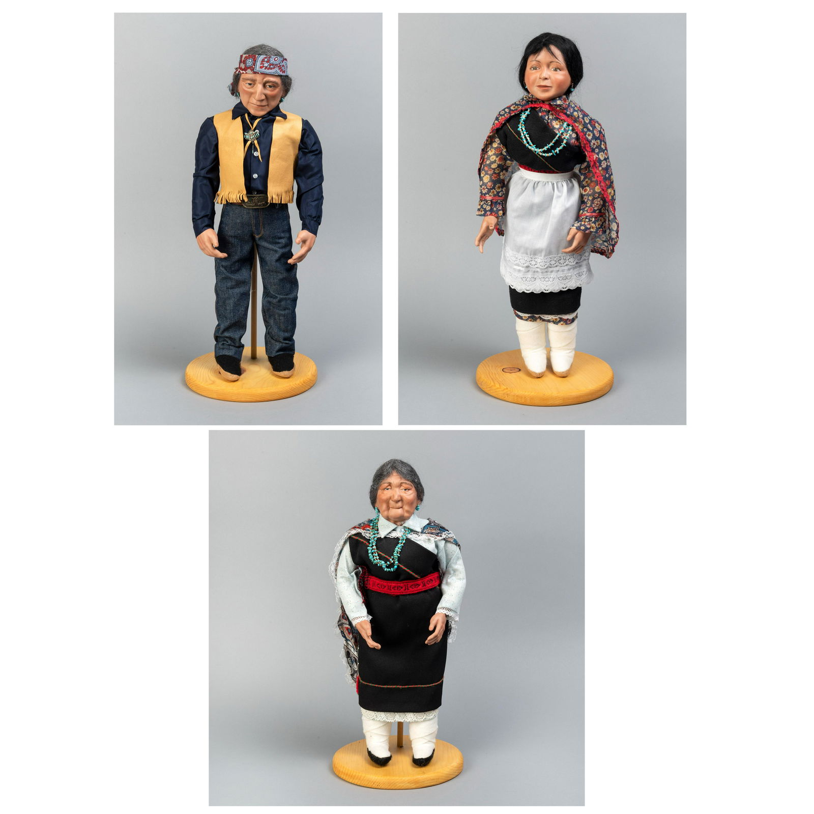 Patricia Waconda, Group of Three Navajo Dolls: Patricia Waconda(Laguna/Kickapoo, b. 1933)Group of Three Navajo Dollshand-painted fired clay, beads, hand embroidered fabric, hide, suede leather, wool felt, turquoise, silverNavajo Doll Man: 18 x 9 x