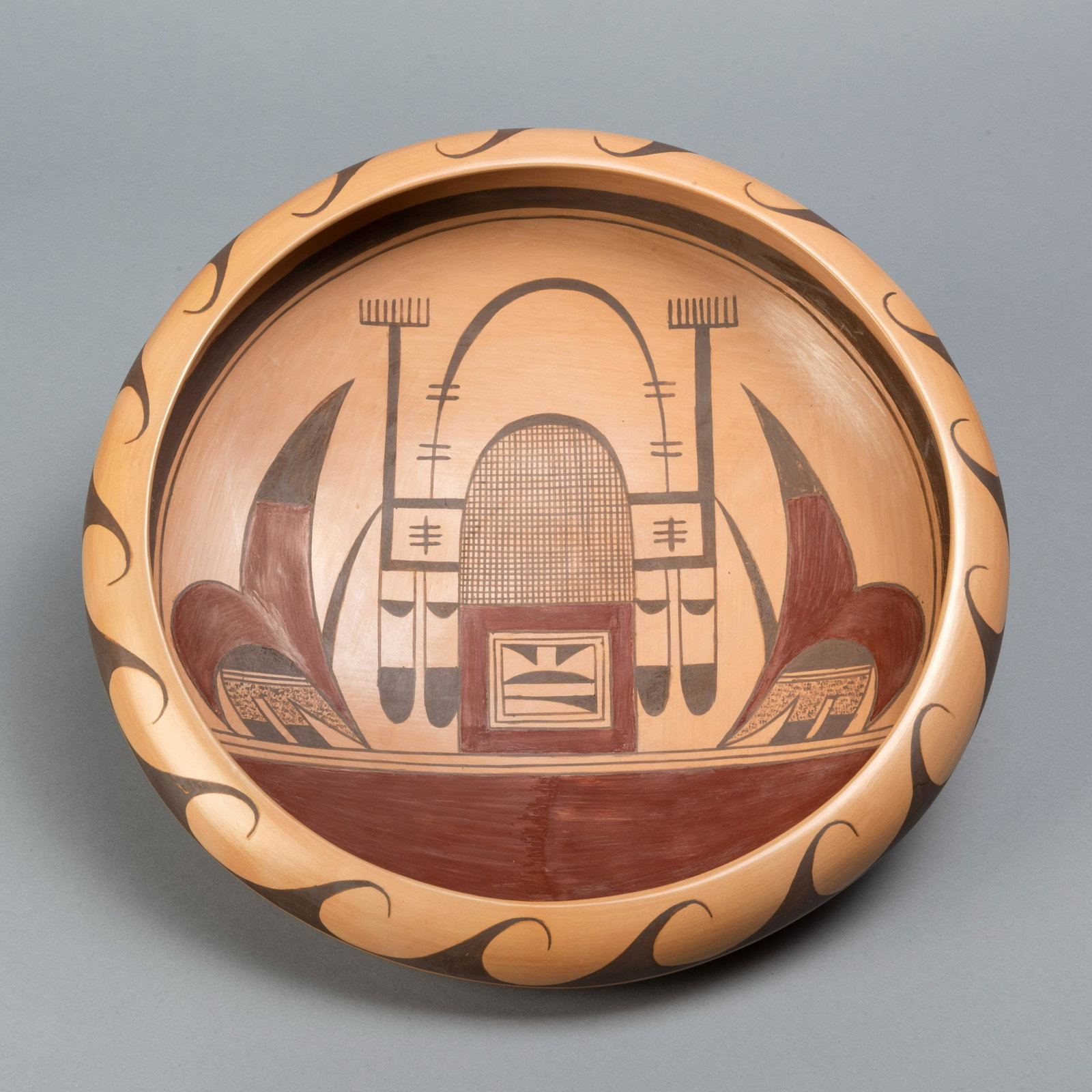 Jeremy Adams Nampeyo, Large Hopi Bowl, ca. 2000: Jeremy Adams Nampeyo (Hopi, b. 1978) Large Hopi Bowl, ca. 2000 fired clay, pigments inscribed underside: Jeremy / Adams / Nampeyo 3 1/2 x 14 1/2 x 14 1/2 in. (8.89 x 36.83 x 36.83 cm.) Private Collect