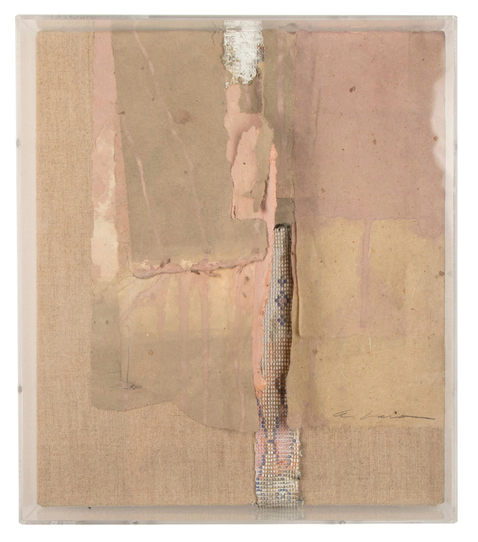 Armond Lara, Untitled (Abstract): Armond Lara(b. 1939)Untitled (Abstract)mixed collage with beadworksigned lower right: A Lara11 5/8 x 10 x 1 3/8 in. (29.53 x 25.40 x 3.49 cm.), Frame: 12 x 10 1/4 x 3 1/8 in. (30.48 x 26.04 x 7.94 cm.