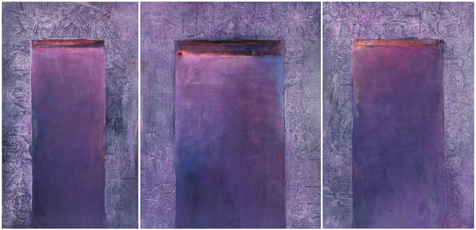 Armond Lara, In The Long Ago III (Triptych), 1990: Armond Lara(b. 1939)In The Long Ago III (Triptych), 1990acrylic and fiber collage on canvasinscribed verso: In The Long Ago III / A Lara '90'90 x 186 x 1 3/8 in. (228.60 x 472.44 x 3.49 cm.) Private C