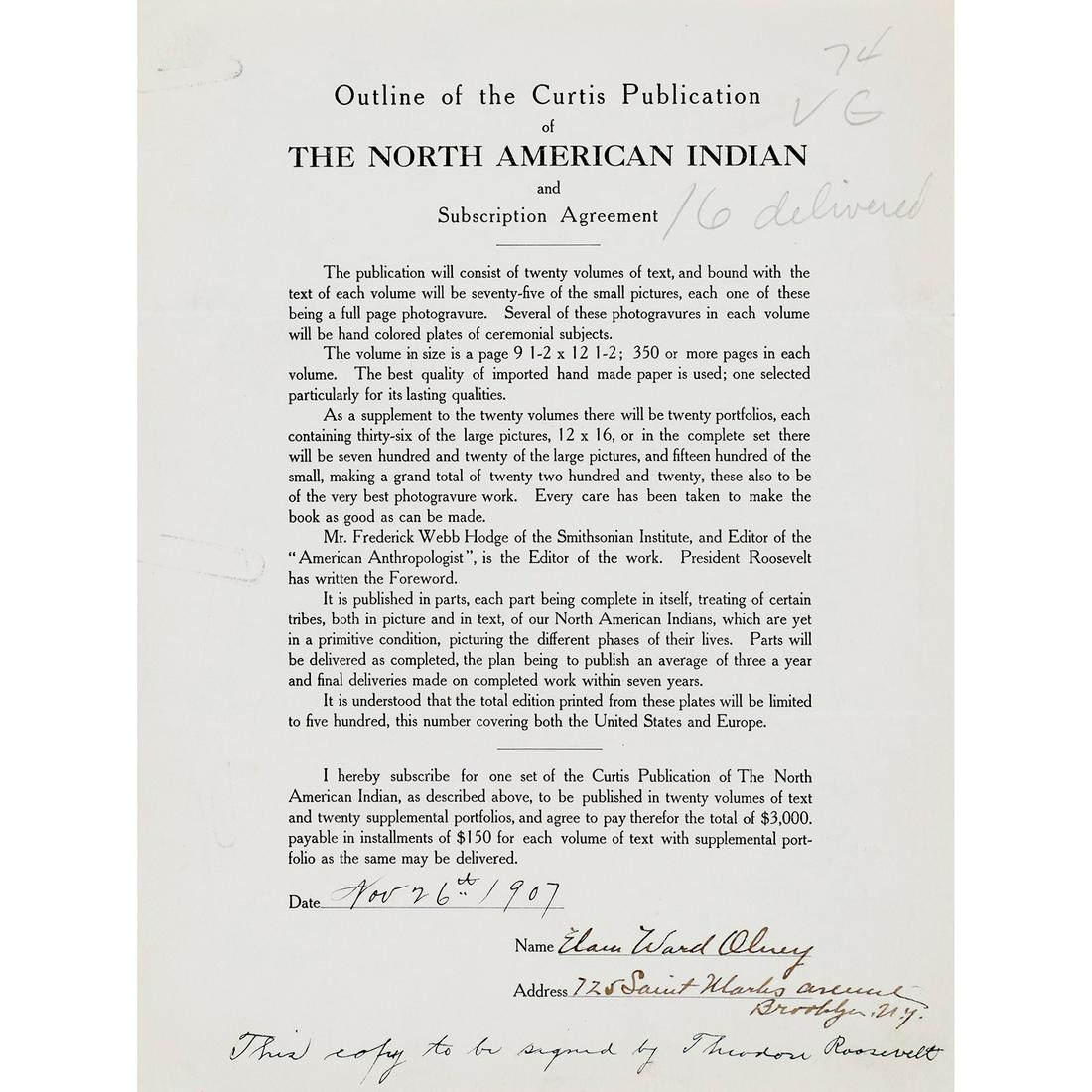 Edward S. Curtis, The North American Indian Subscription Agreement, Olney, Set #74, 1907 (1 of 1)