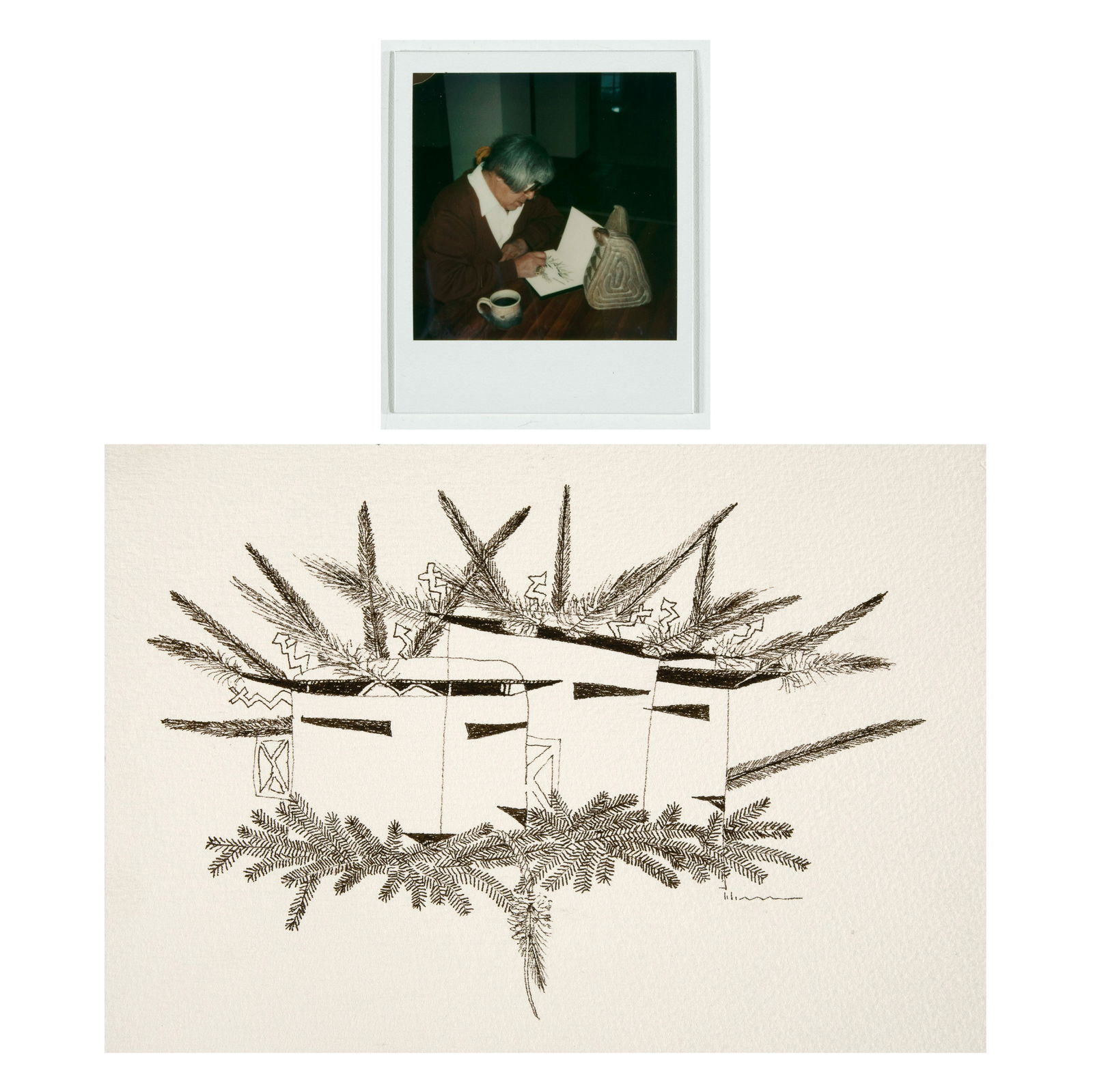 Charles Loloma, Messengers + Polaroid Photograph of Charles Drawing Messengers, ca. 1980s (1 of 4)
