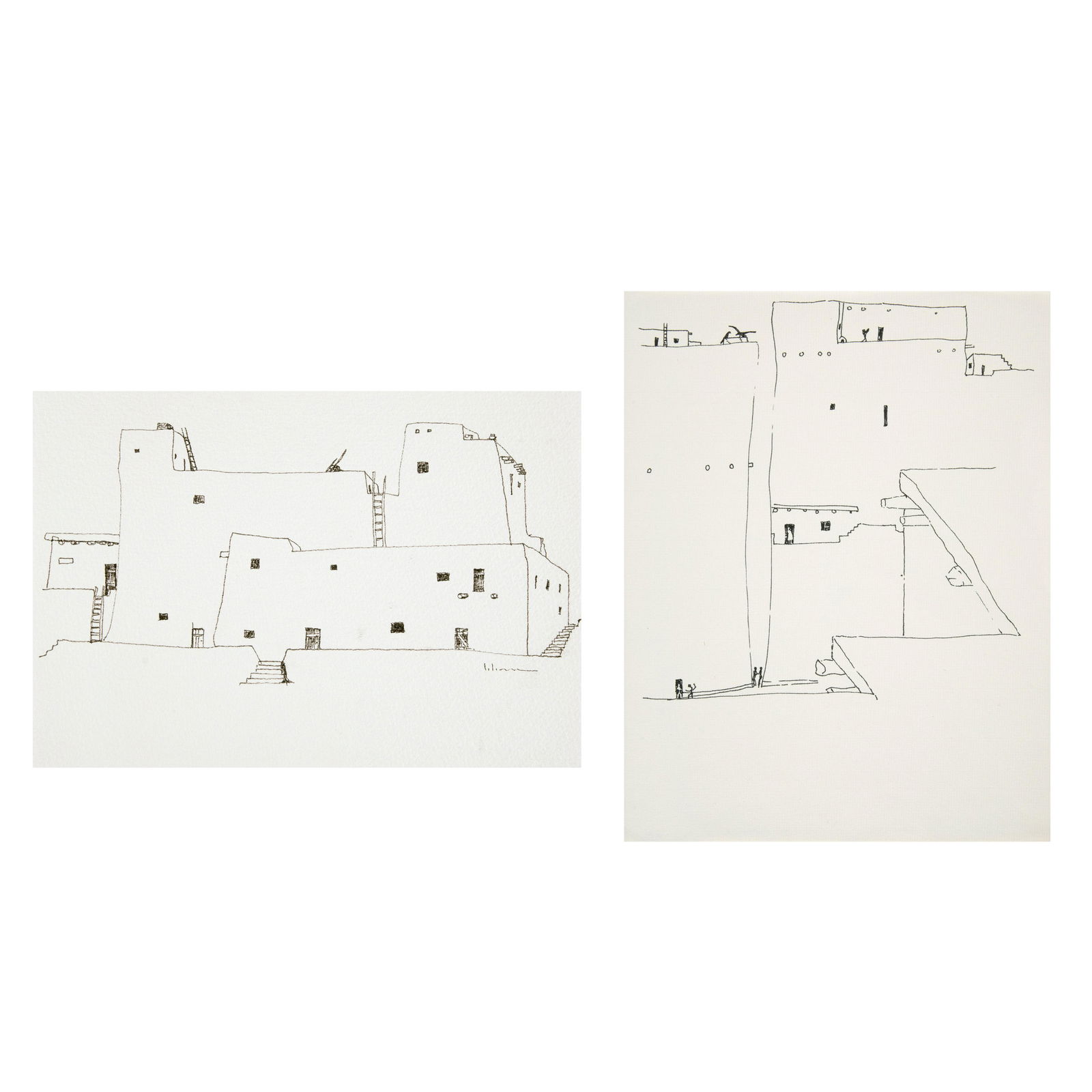 Charles Loloma, Two Pueblo Drawings, ca. 1980s (1 of 6)