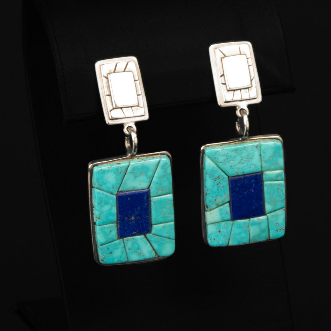 Charles Loloma, A Pair of Silver, Turquoise + Lapis Earrings (1 of 2)