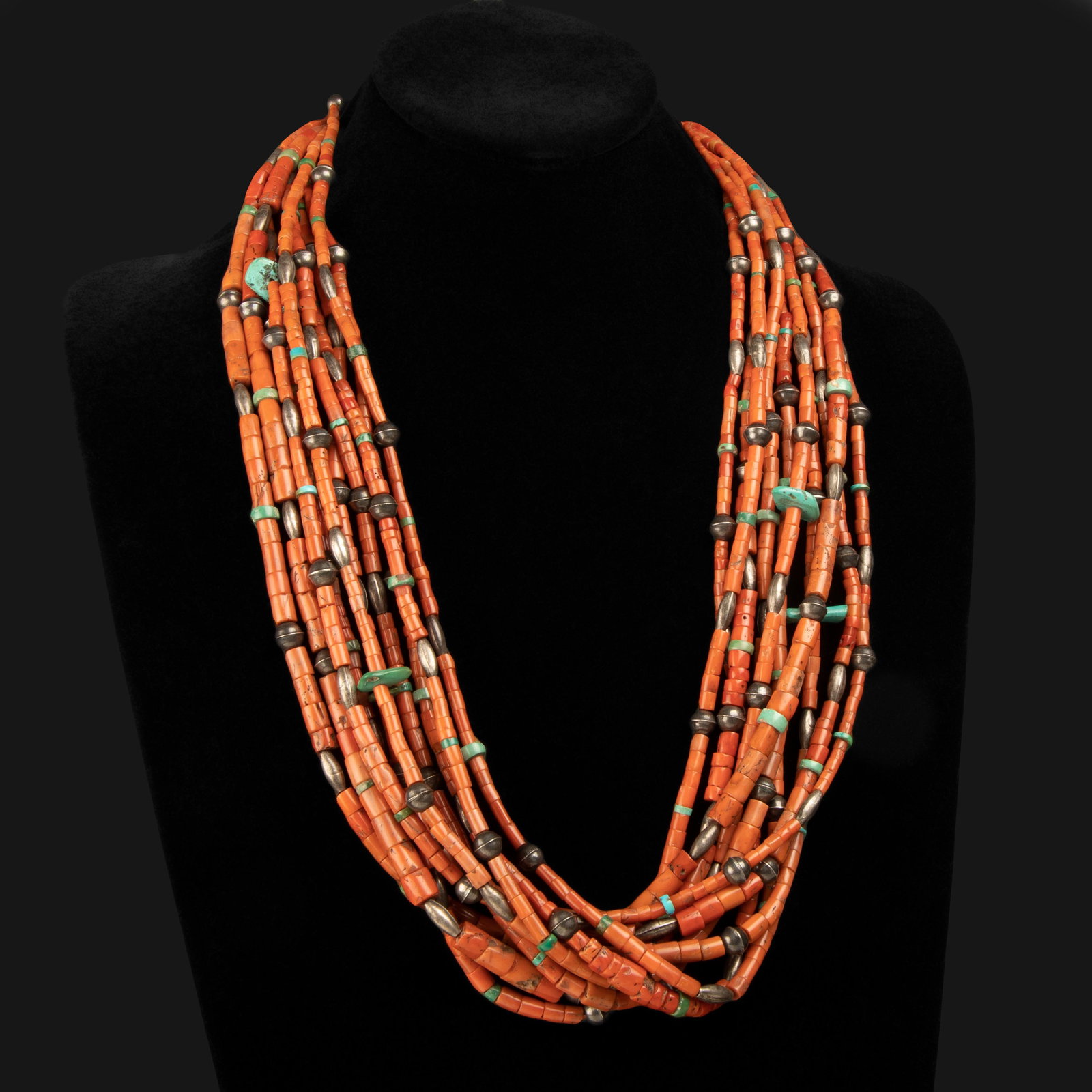 Pueblo, 10 Strand Silver Bead, Coral, and Turquoise Necklace with Grandmother Wrap, ca. 1940's (1 of 2)