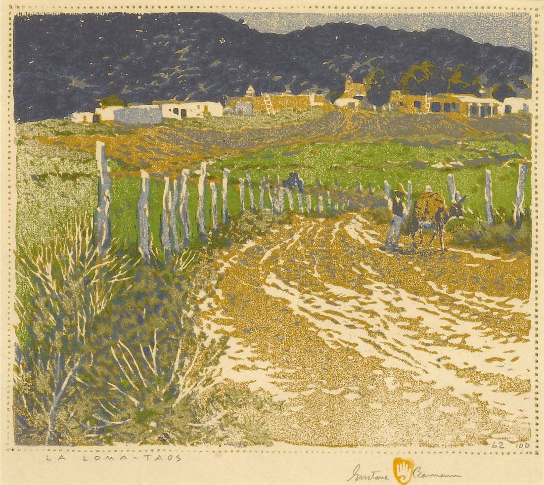 GUSTAVE BAUMANN, La Loma, Taos, 62/100: Gustave Baumann, (1881-1971), woodblock print, 10 3/8 x 11 5/8 inches (sight), titled lower left, LA LOMA - TAOS, signed lower right: Gustave Baumann, editioned lower right: 62/100, Private Collection