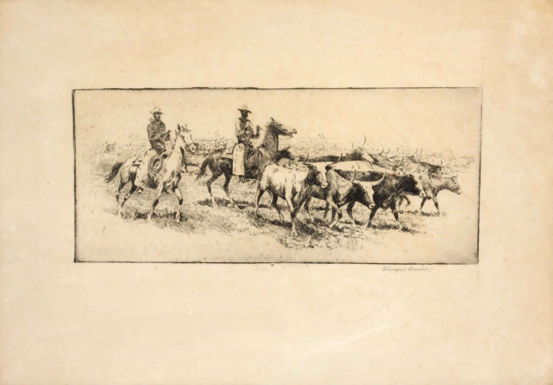 EDWARD BOREIN, Parting Cattle: Edward Borein, (1872-1945), etching and drypoint on paper, 3 5/8 x 8 5/8 inches (image), signed lower right, Edward Borein, Private Collection, CO no reserve