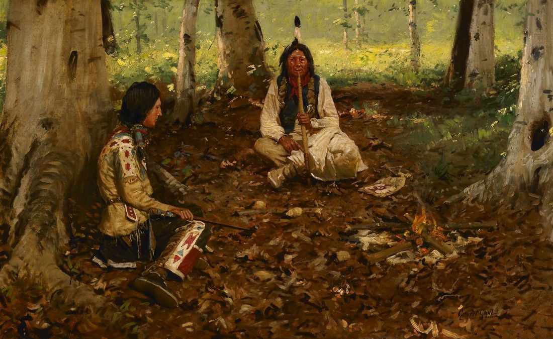 GILBERT GAUL, Smokin' the Calumet (Pipe): Gilbert Gaul, , oil on canvas, 27 x 44 inches (actual), signed lower right, Gilbert Gaul, Private Collection, NM