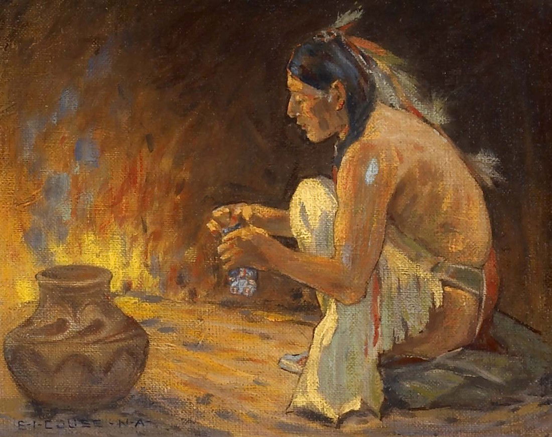 E. IRVING COUSE, Beaded Bag: E. Irving Couse, (1866-1936), oil on board, 6 3/8 x 8 3/8 inches (sight), signed lower left, E-I-COUSE -N-A- signed and titled verso: -E-I-COUSE- / - BEADED BAG-