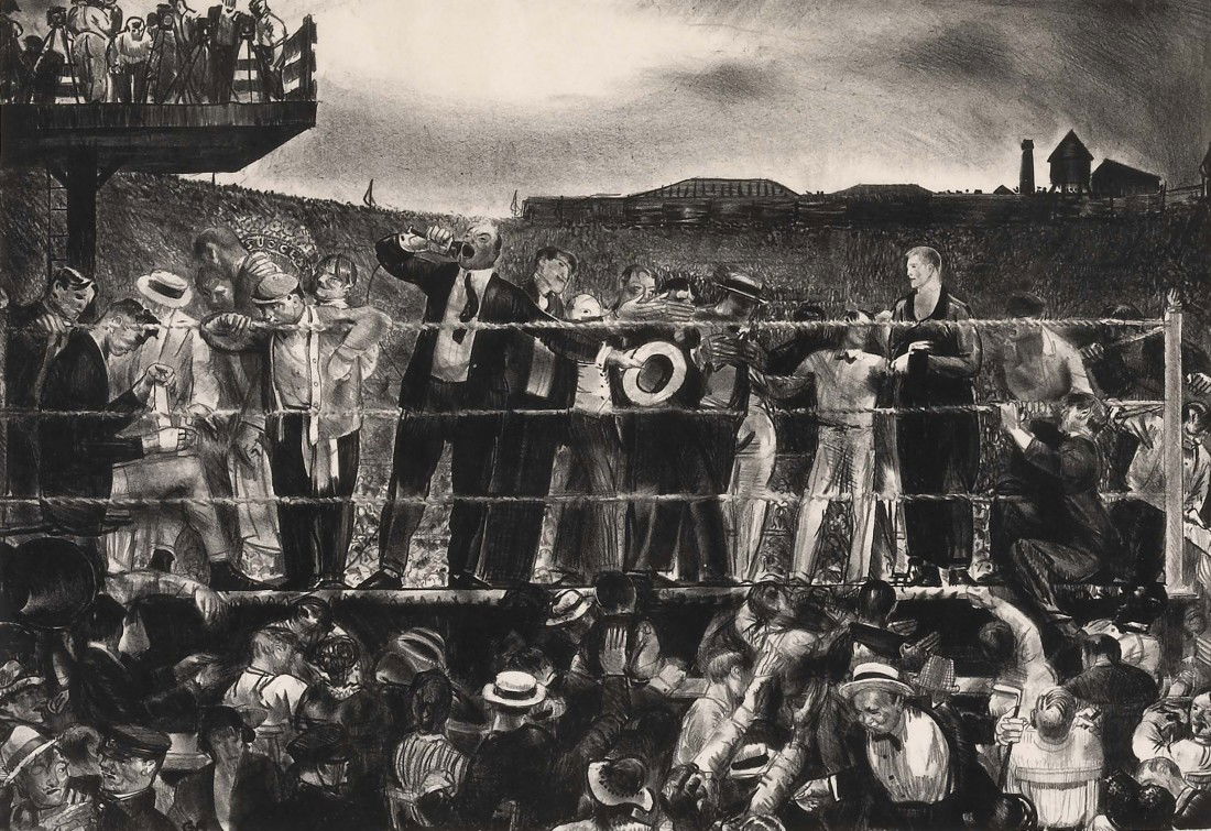 GEORGE BELLOWS, Introducing Georges Carpentier: George Bellows, (1882-1925), lithograph on paper, 14 1/2 x 20 7/8 inches (sight), initialed lower left in plate, G B, titled lower center: Introducing Georges Carpentier, signed lower right: Geo Bello