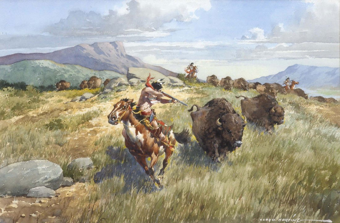 LLOYD HARTING, Buffalo Hunt: Lloyd Harting, (1901-1974), watercolor on paper, 14 x 21 inches (sight), signed lower right, LLOYD HARTING, signed and dated pen and ink sketch verso, Private Collection, OK