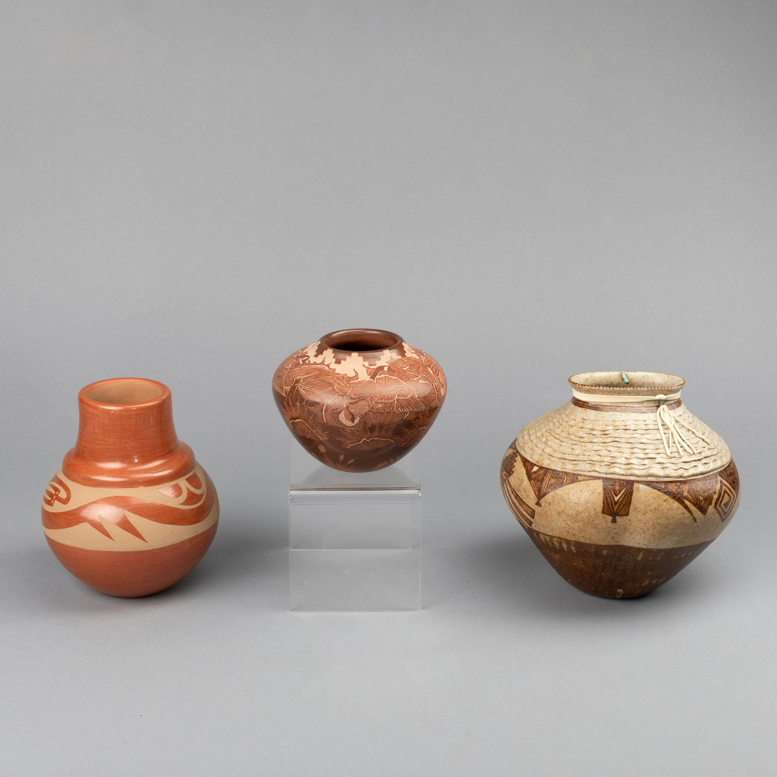 Santa Clara/San Ildefonso/Dine [Navajo]/Hopi, Group of Three Pottery Vessels (1 of 3)
