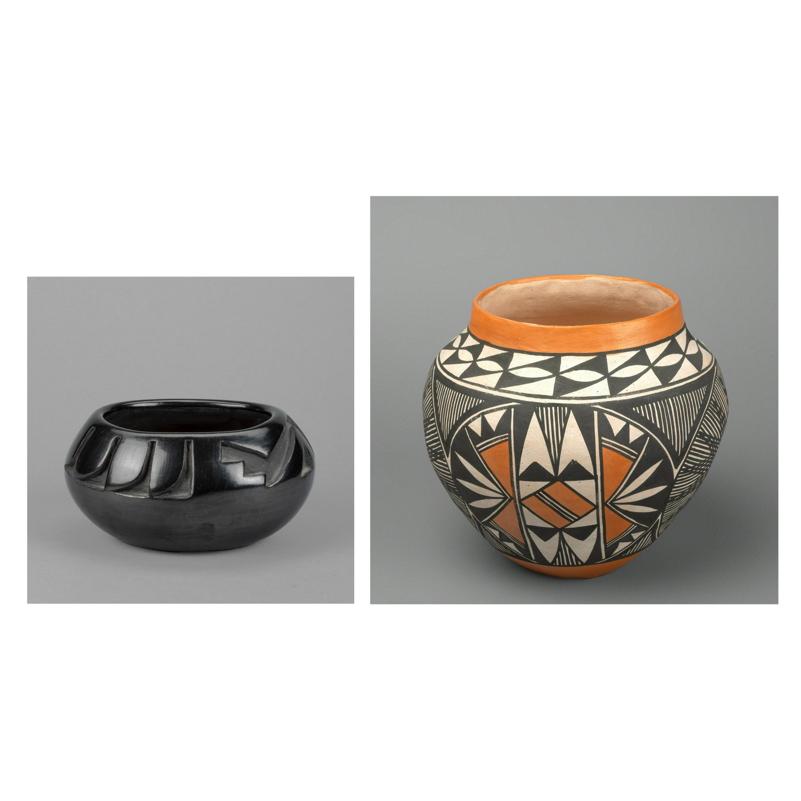 Santa Clara + Acoma, Pair of Pottery Vessels: Santa Clara + Acoma, Pair of Pottery Vessels Flora + Glenda Naranjo (Santa Clara, 1914 - 2000) + (Santa Clara, b. 1953) Carved Blackware Bowl, ca. 1970s fired clay inscribed: Flor