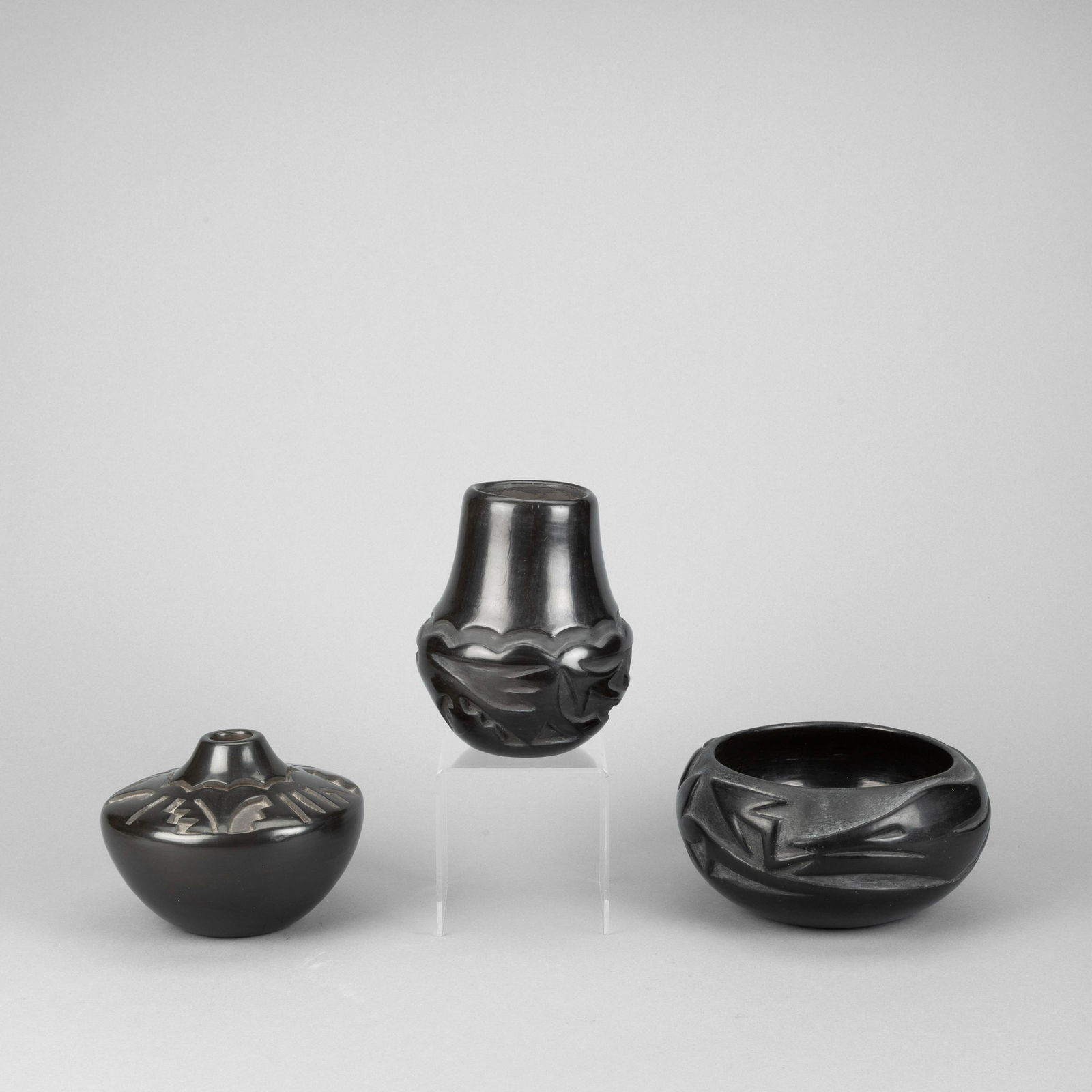 Santa Clara, Group of Three Carved Blackware Pottery Vessels (1 of 3)