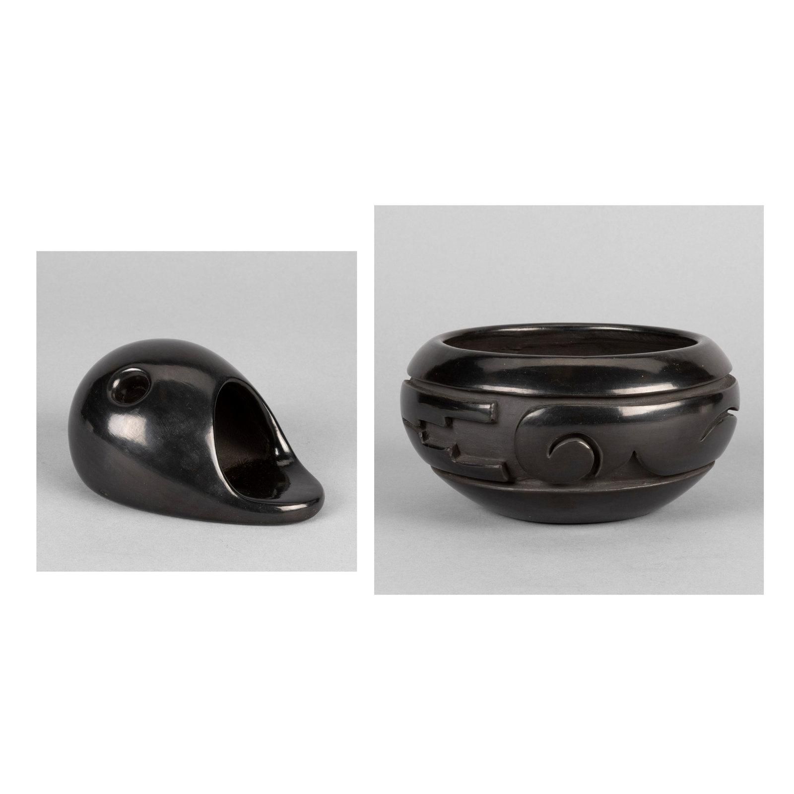 Santa Clara, Pair of Blackware Vessels: Santa Clara, Pair of Blackware Vessels Stella Chavarria (Santa Clara, b. 1939) Carved Blackware Bowl, ca. 1980s fired clay inscribed: Stella / Chavarria / Santa Clara / Pueblo