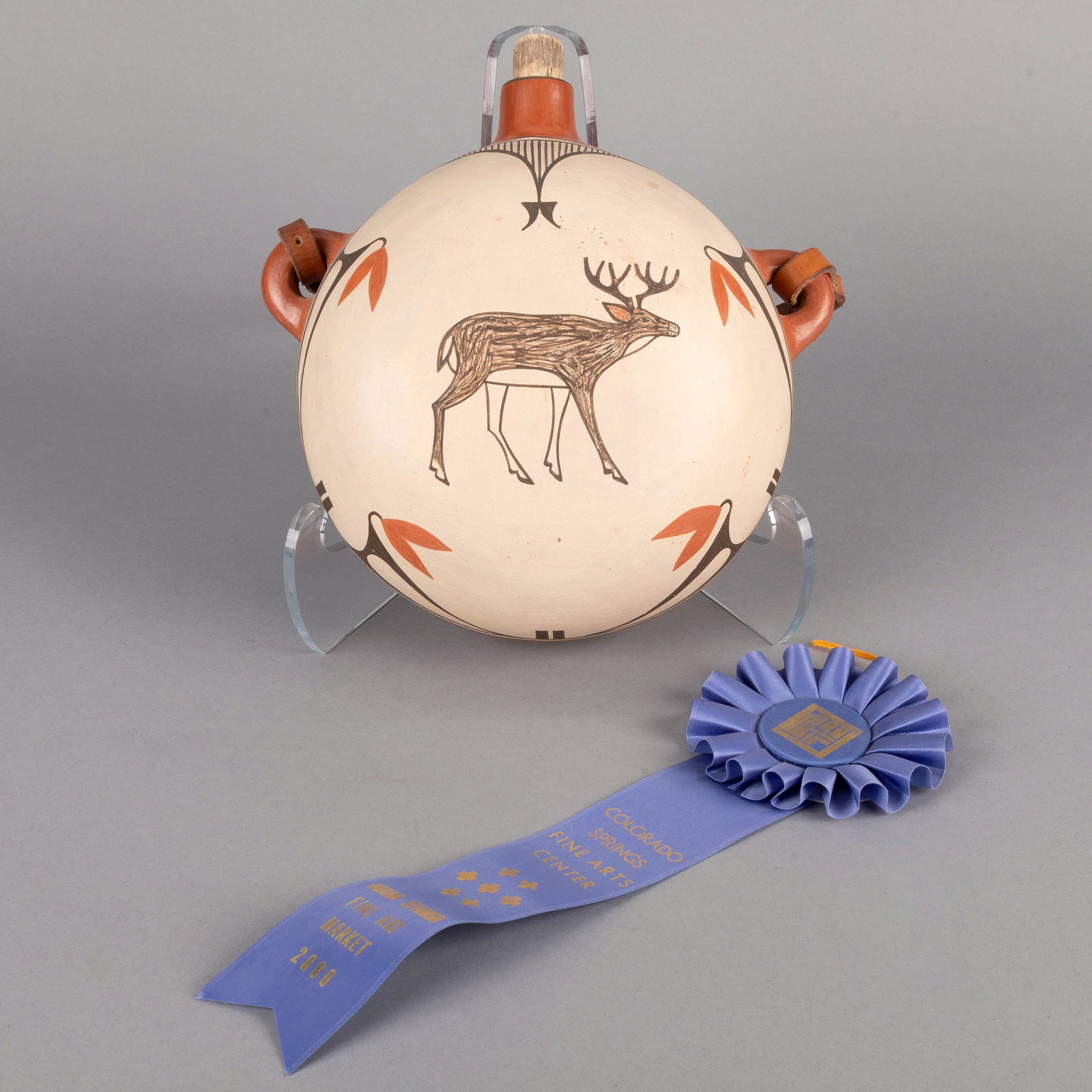 Jemez, Diane Lucero, Polychrome Zia Canteen with Deer (1 of 3)