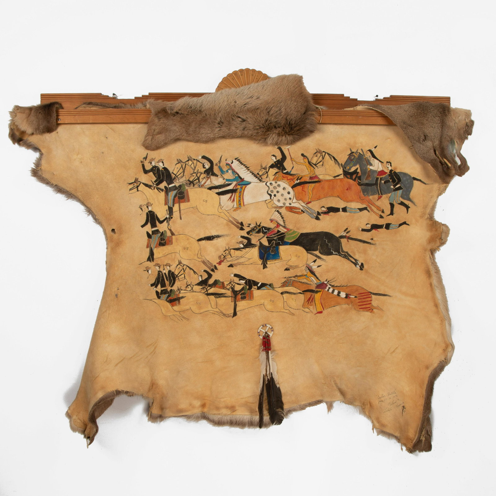 Lakota Chippewa, Michael Anthony McLeod, Custer Battle, (Painted Hide),1992: Michael Anthony McLeod (Lakota Chippewa, b. 1955) Custer Battle, (Painted Hide), 1992 elk hide, pigments, wood inscribed: "Custer Battle" / June 25-26 1876 / McLeod 92 / Lakota Chippewa / [a