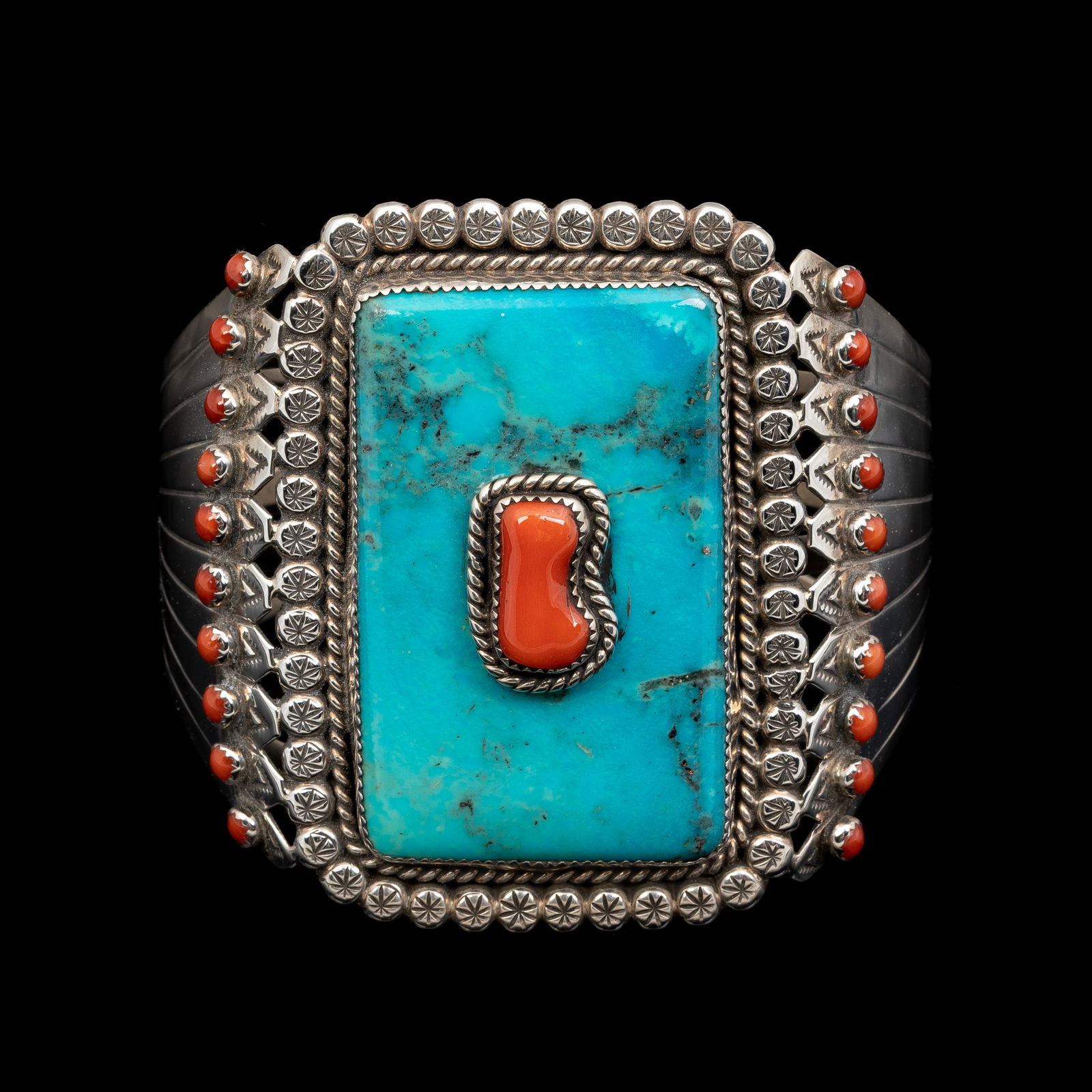 Thomas Nez, Sterling Silver, Turquoise and Coral Cuff Bracelet (1 of 5)