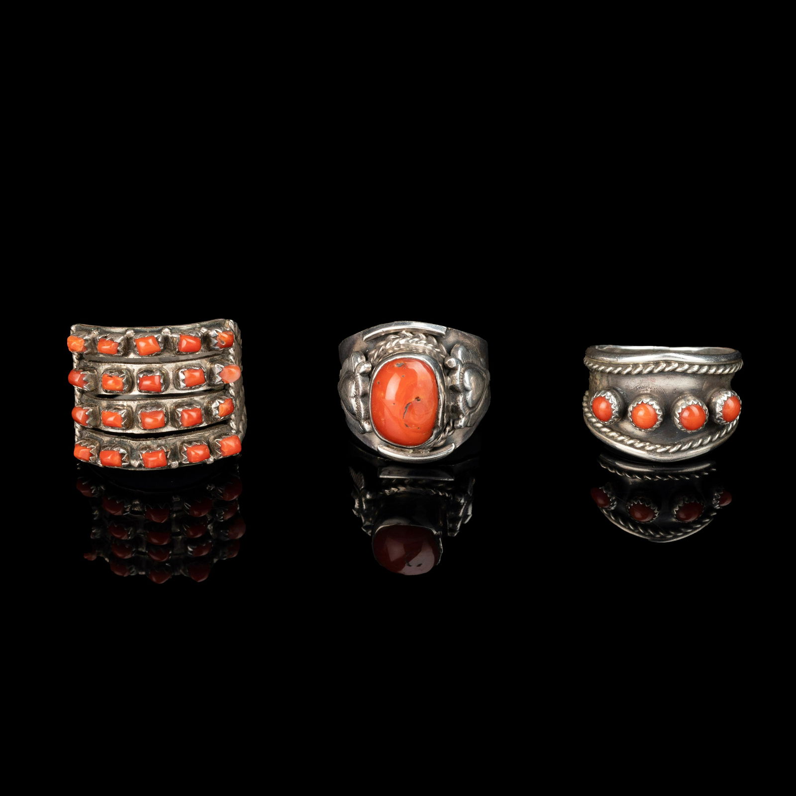 Zuni, Set of Three Silver and Coral Men's Rings (1 of 3)