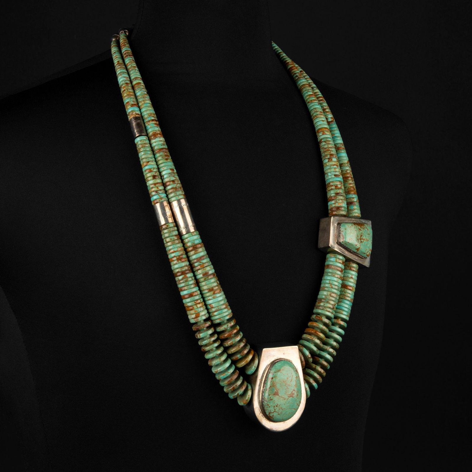 Jimmy F. Calabaza [Ca'Win], Asymmetrical Double Strand Turquoise Necklace with Silver Hollow-Ware (1 of 3)
