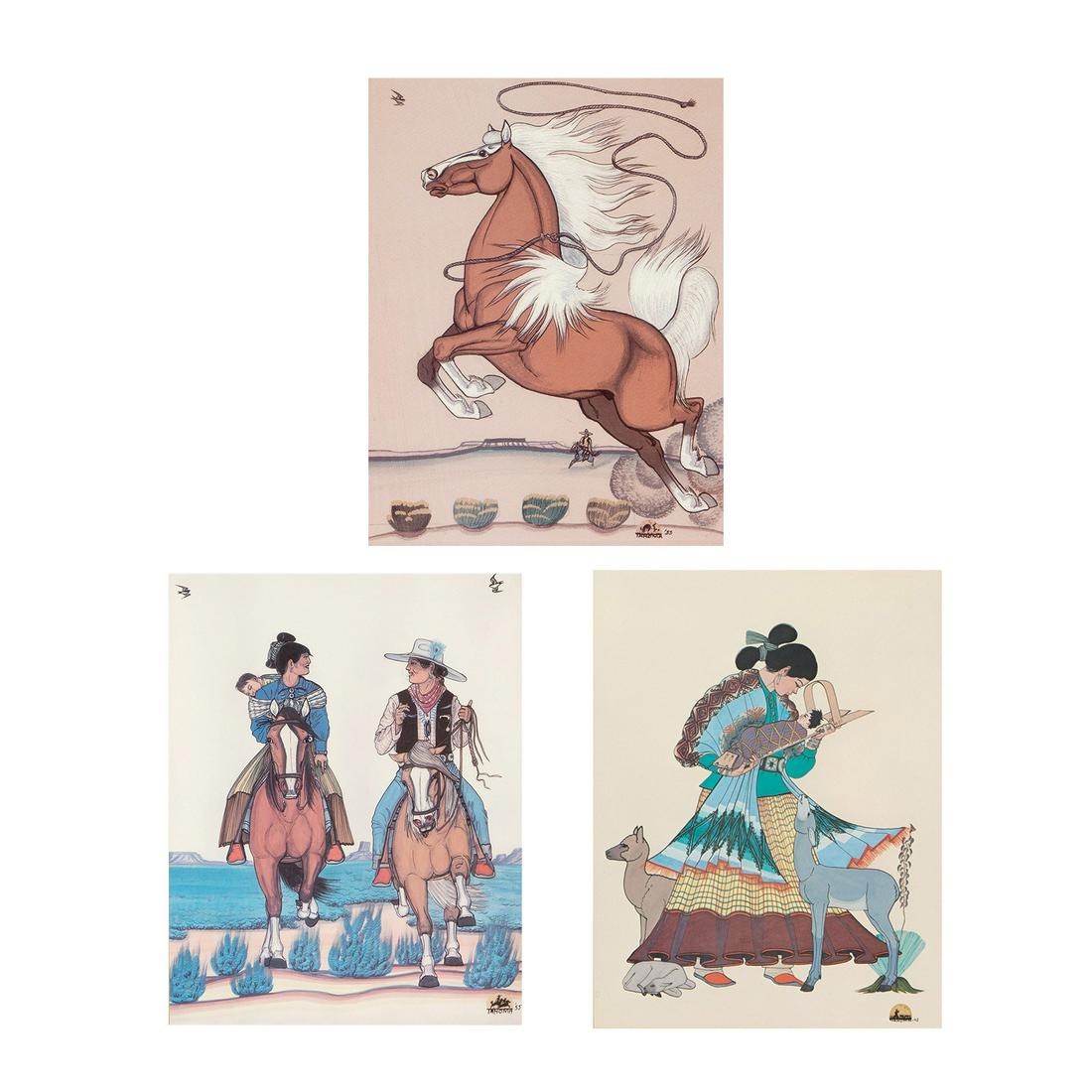 Quincy Tahoma, Group of Three Prints: Untitled (Runaway Stallion), 1955 + Untitled (Family on (1 of 7)