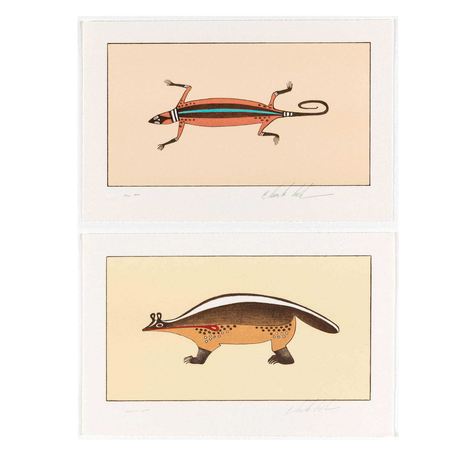 Charles Loloma, A Pair of Lithographs: Medicine Man + Father Lizard: Charles Loloma(Hopi, 1921 - 1991)A Pair of Lithographs: Medicine Man + Father Lizardlithographs, Artist's Proofeach editioned lower left: A/Peach signed lower right: Charles LolomaEach: 8 3/4 x 13 1/2
