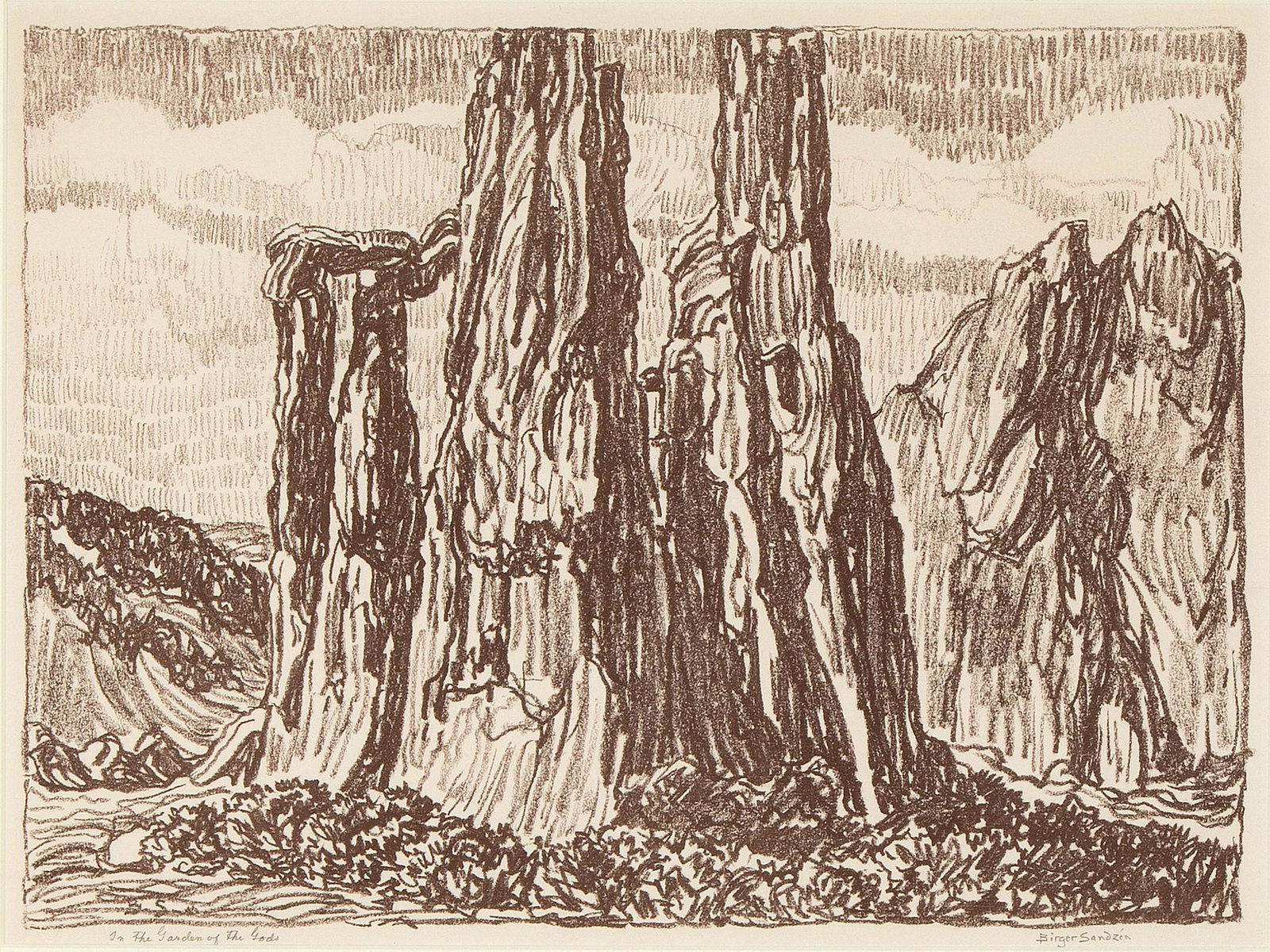 Birger Sandzen, In the Garden of the Gods, 1917: Birger Sandzen (1871 - 1954) In the Garden of the Gods, 1917 lithograph, edition of 50 titled lower left: In the Garden of the Gods signed lower right: Birger Sandzén 15 x 20 1/4 in. (38.1 x 51.4 cm.