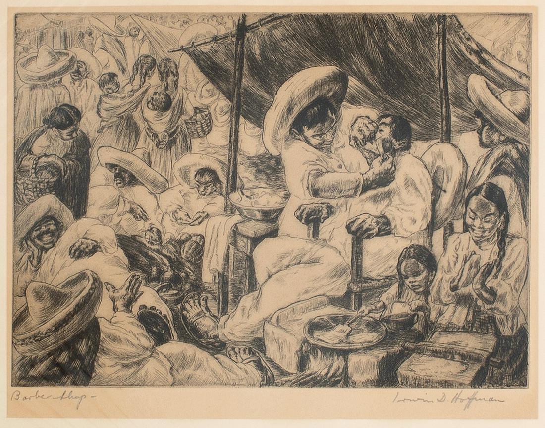 Irwin D Hoffman, Barber Shop, 1936: Irwin D Hoffman(1901 - 1989)Barber Shop, 1936etching, edition of 94titled in graphite lower left: Barber Shop-signed in graphite lower right: Irwin D Hoffman8 x 10 7/8 in. (20.3 x 27.6 cm.), Sheet: 10