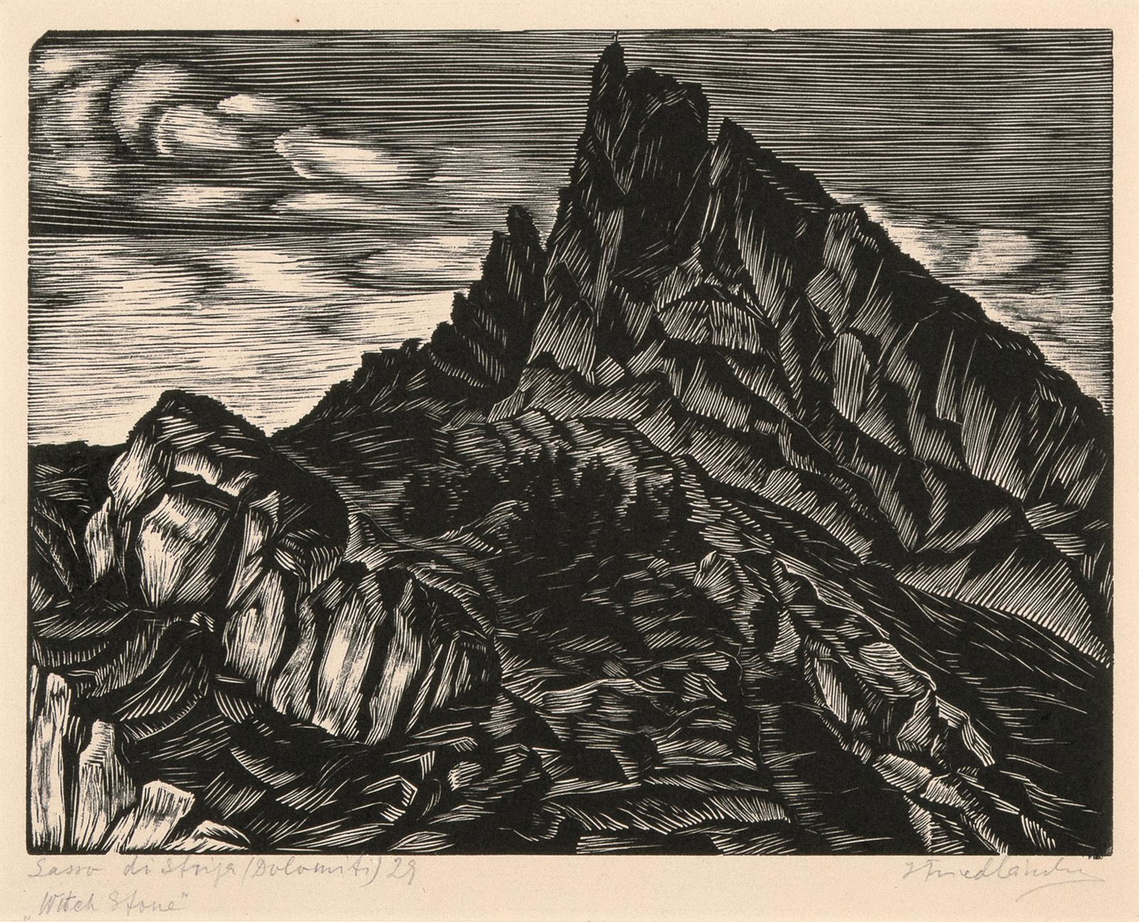 Isaac Friedlander, Cerro De Bruja (Dolomites -'The Witch Stone'), 1929: Isaac Friedlander(1890 - 1968)Cerro De Bruja (Dolomites -'The Witch Stone'), 1929woodcuttitled in graphite lower left: Sasso di Strija (Dolomiti) 29 / Witch Stonesigned in graphite lower right: IFried