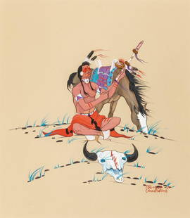 David Emmett Williams, A Prayer for Mystery, 1967: David Emmett Williams(Kiowa/Tonkawa/Apache, 1933 - 1985)A Prayer for Mystery, 1967gouache on papersigned and dated lower right: TOS-qué '67 / (DAvid WilliAMS)15 5/8 x 13 5/8 in. (39.7 x 34.6 cm.), Fr