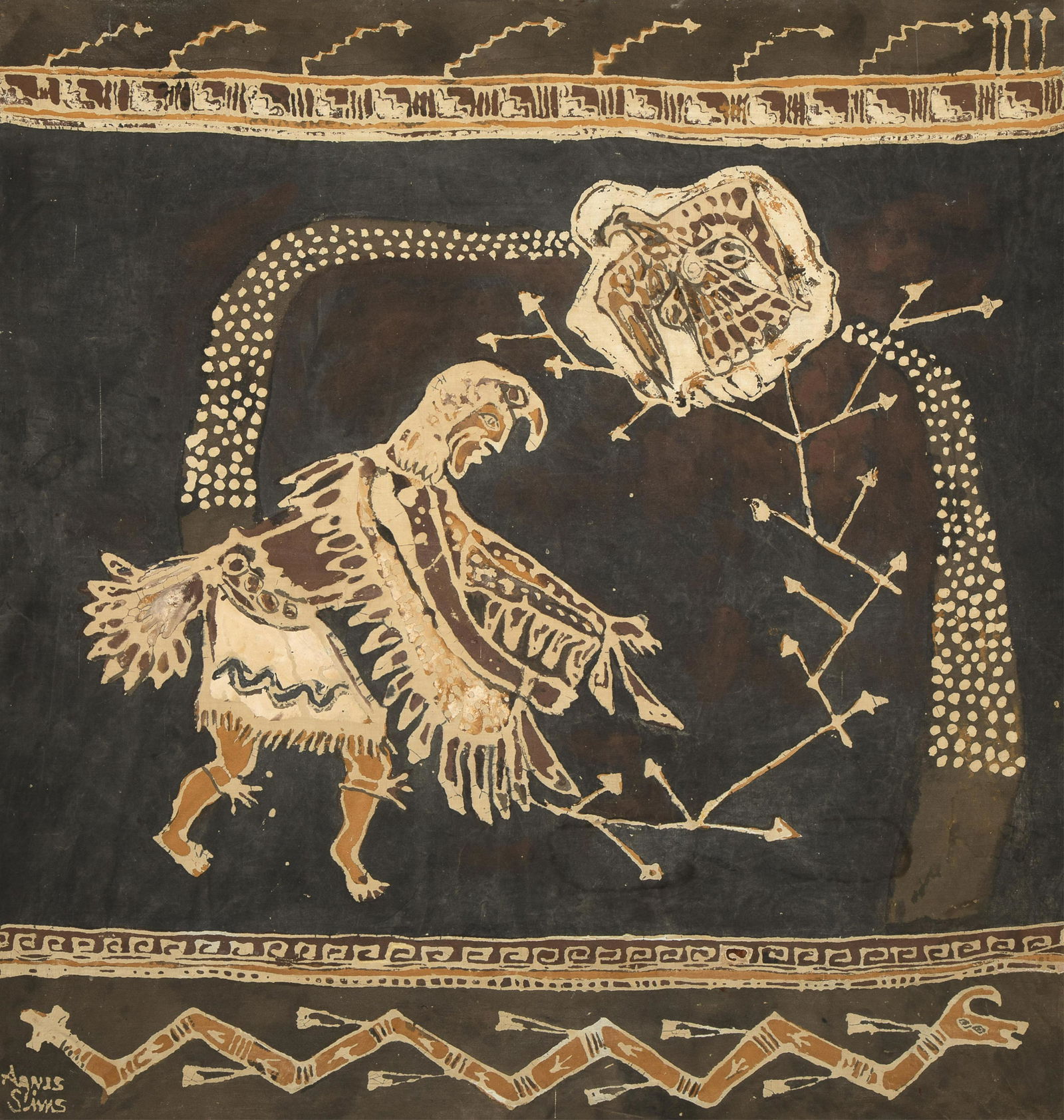 Agnes C. Sims, Untitled (Dancing Figure with Arrows): Agnes C. Sims(1910 - 1990)Untitled (Dancing Figure with Arrows)batik wax release on canvassigned lower left: AGNES / Sims47 x 44 1/2 in. (119.4 x 113 cm.), Frame: 49 1/4 x 46 3/4 x 2 1/4 in. (125.1 x