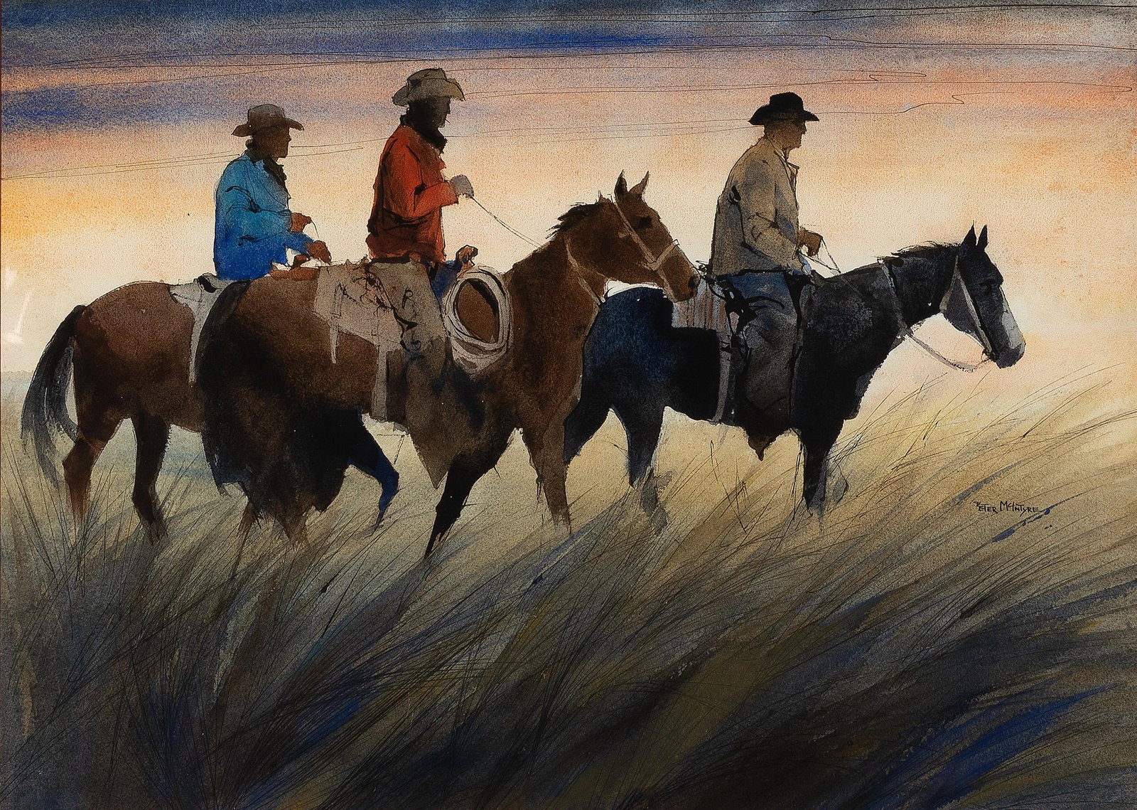 Peter McIntye, End of a Long Day's Ride: Peter McIntyre(1910 - 1995)End of a Long Day's Ridewatercolor, ink on papersigned lower right: PETER MCINTYRE20 1/4 x 28 3/8 in. (51.4 x 72.1 cm.), Frame: 32 5/8 x 40 1/2 x 1 1/2 in. (82.9 x 102.9 x 3