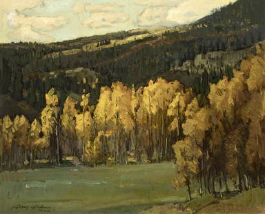 Jerry Jordan, Untitled (Aspen Forest): Jerry Jordan(b. 1944)Untitled (Aspen Forest)oil on canvassigned lower left: .Jerry Jordan / T.a.o.s.24 x 30 in. (60.96 x 76.20 cm.), Frame: 31 3/4 x 37 3/4 x 2 3/4 in. (80.65 x 95.89 x 6.99 cm.) Priva