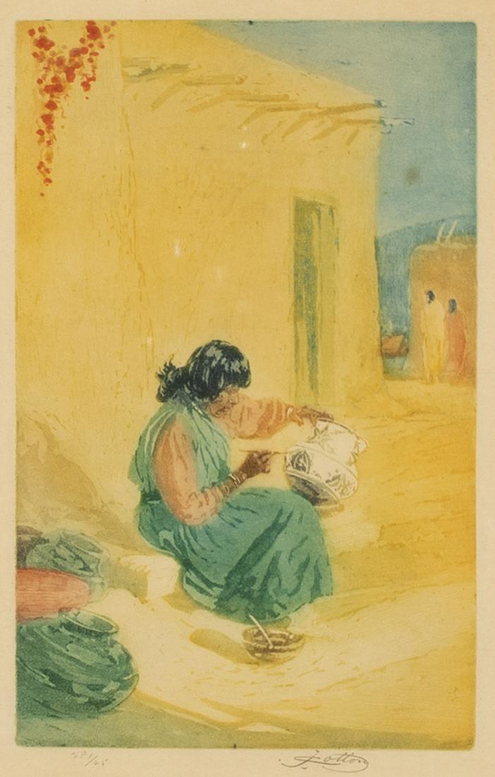 John Wesley Cotton, The Pottery Maker (Maria Martinez), ca. 1918: John Wesley Cotton(1868 - 1931)The Pottery Maker (Maria Martinez), ca. 1918aquatint, edition 1 of 25graphite editioned lower left: No. 1/25graphite signed lower right: JCotton9 3/8 x 5 7/8 in. (23.8 x