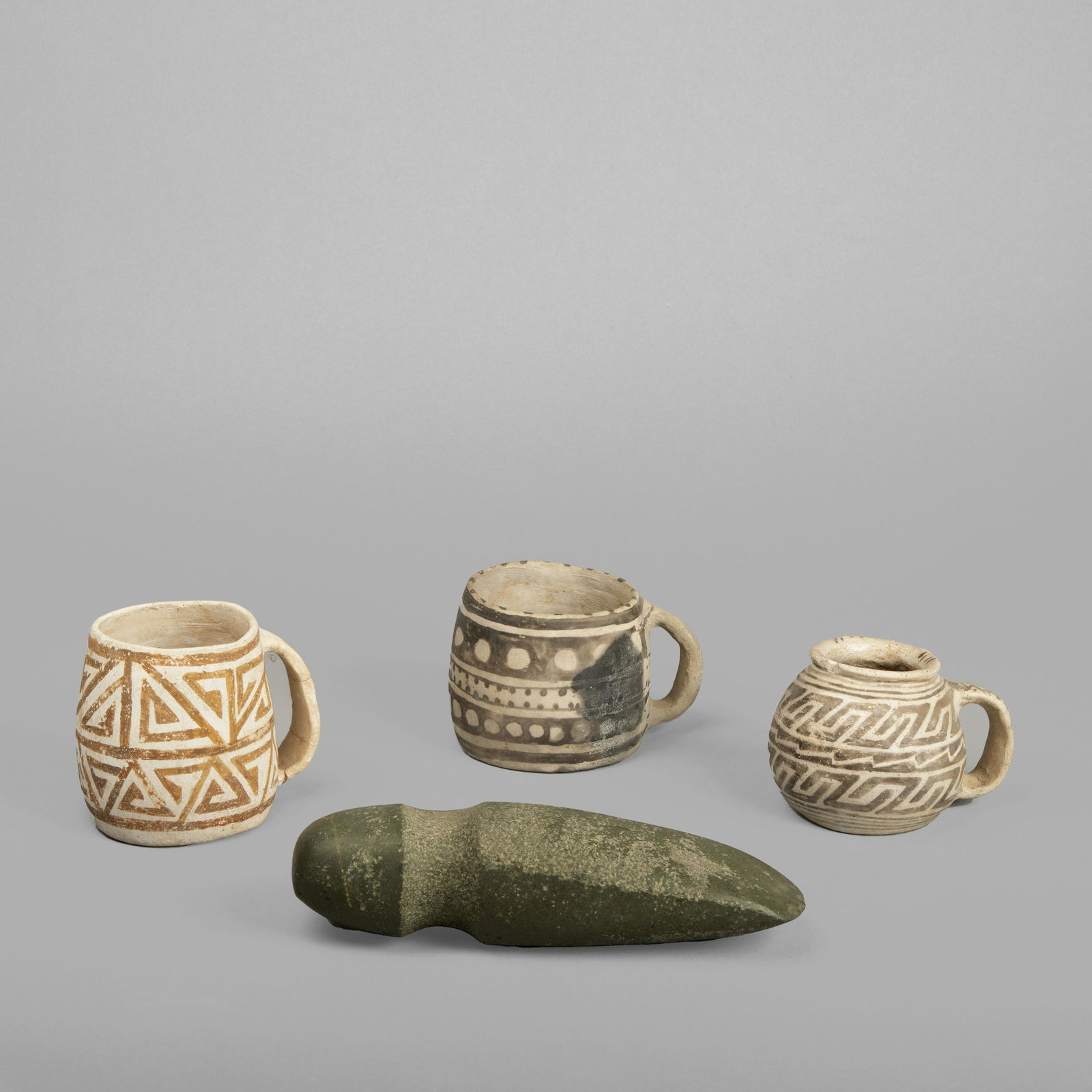 Prehistoric, Group of Four Pottery and Stone Items, ca. 1250: Three Mugs + Axe (1 of 2)