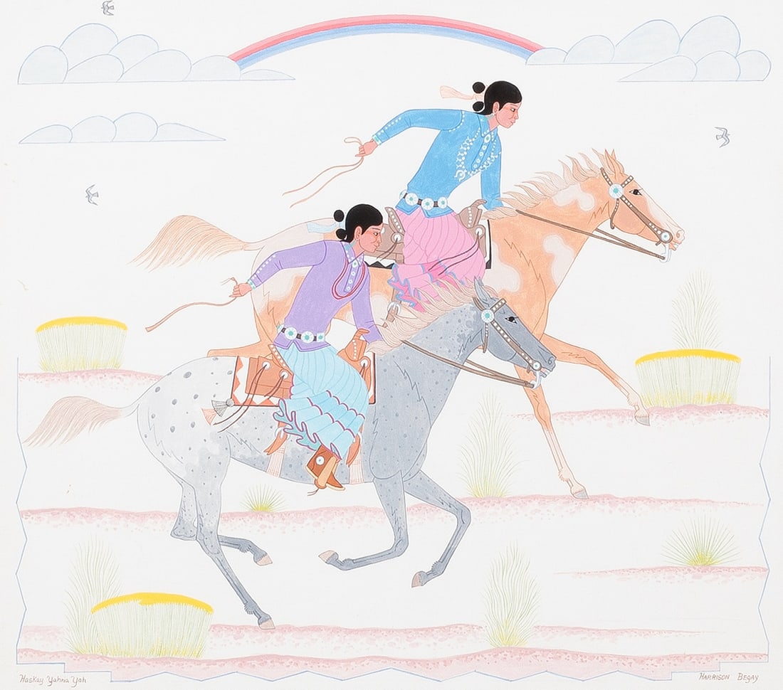 Harrison Begay [Haskay Yahne Yah], Horse Racing, 1982: Harrison Begay [Haskay Yahne Yah] (Dine [Navajo], 1917 - 2012) Horse Racing, 1982 gouache on paper signed lower left: Haskay Yahne Yah signed lower right: Harrison Begay 14 3/4 x 16 3/4 in. (37.5 x 42