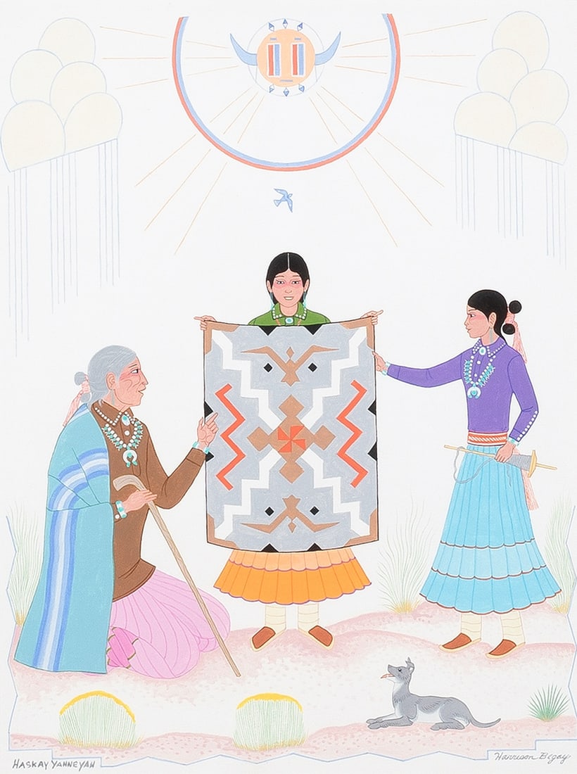Harrison Begay [Haskay Yahne Yah], Young Weavers, ca. 1980s: Harrison Begay [Haskay Yahne Yah] (Dine [Navajo], 1917 - 2012) Young Weavers, ca. 1980s gouache on paper signed lower left: HASKAY YAHNE YAH signed lower right: Harrison Begay 16 1/8 x 12 1/8 in. (41 