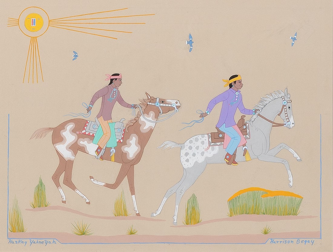 Harrison Begay [Haskay Yahne Yah], Untitled (Two Riders): Harrison Begay [Haskay Yahne Yah] (Dine [Navajo], 1917 - 2012) Untitled (Two Riders) gouache on paper signed lower left: Haskay Yahne Yah signed lower right: Harrison Begay 13 1/8 x 17 in. (33.3 x 43.