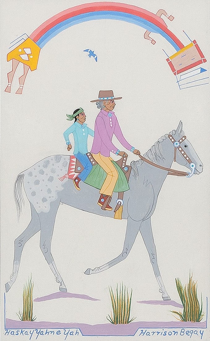 Harrison Begay [Haskay Yahne Yah], Untitled (Grandpa & Me): Harrison Begay [Haskay Yahne Yah] (Dine [Navajo], 1917 - 2012) Untitled (Grandpa & Me) gouache on paper signed lower left: Haskay Yahne Yah signed lower right: Harrison Begay 13 1/8 x 7 1/2 in. (33.3 