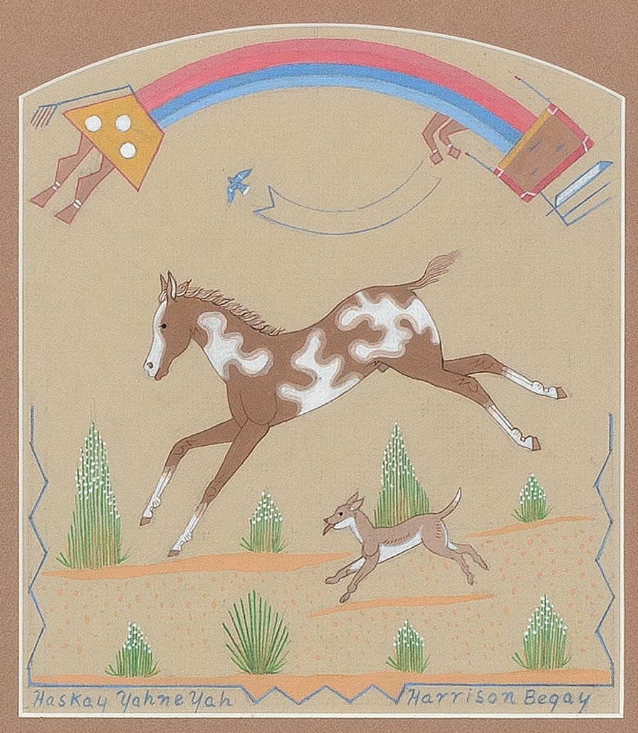 Harrison Begay [Haskay Yahne Yah], Untitled (Foal & Puppy): Harrison Begay [Haskay Yahne Yah] (Dine [Navajo], 1917 - 2012) Untitled (Foal & Puppy) gouache on paper signed lower left: Haskay Yahne Yah signed lower right: Harrison Begay 9 1/2 x 8 1/4 in. (24.1 x