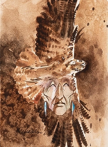 Bert Seabourn, Red Tail Mystic, ca. 1970-1980s: Bert Seabourn(Cherokee, 1931 - 2022)Red Tail Mystic, ca. 1970-1980watercolor on papersigned near lower left: Seabourninscribed verso: "Red Tail Mystic"7 x 5 in. (17.8 x 12.7 cm.), Frame: 14