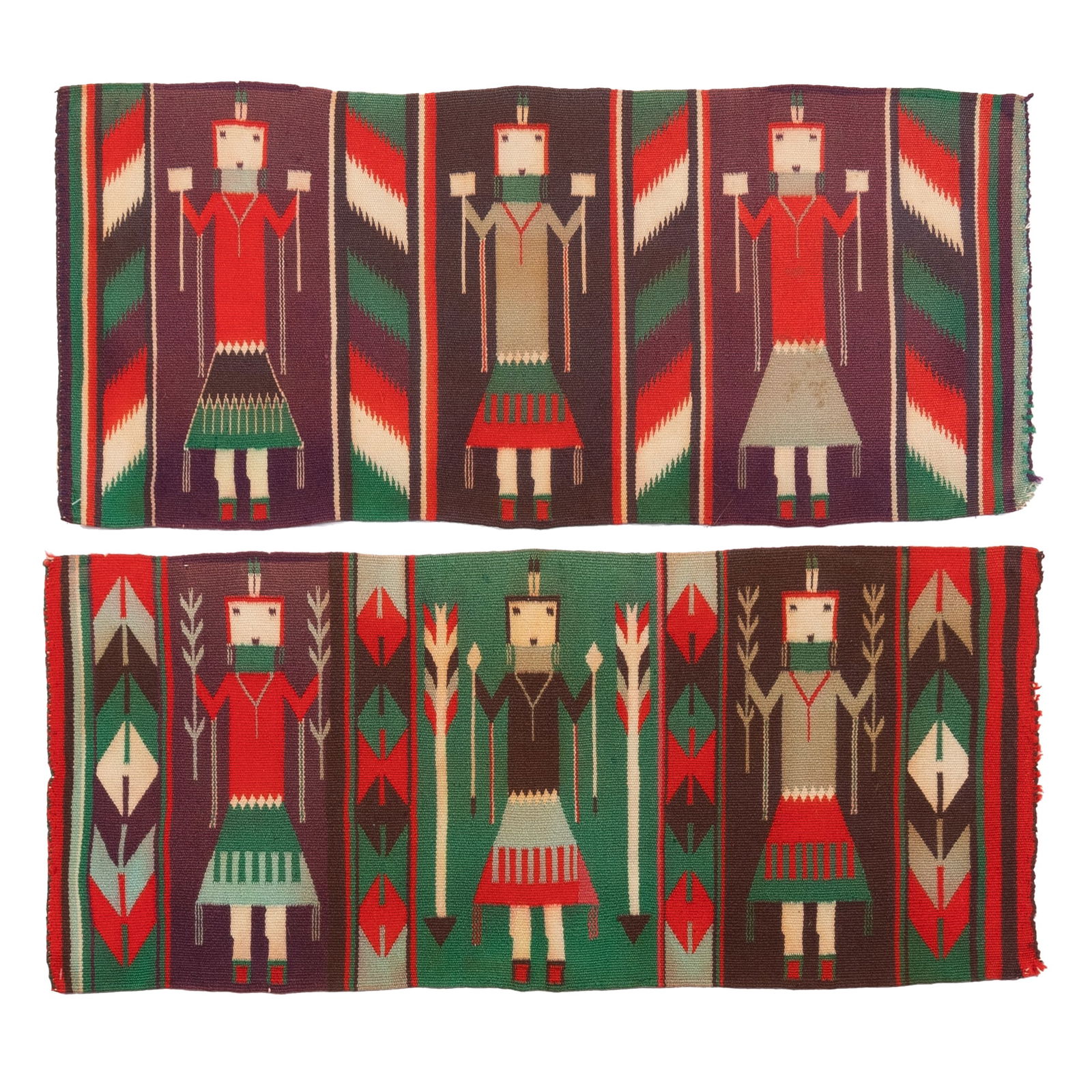 Dine [Navajo], Germantown Table Runners, ca. 1920: Dine [Navajo] Germantown Table Runners, ca. 1920handspun yarns, natural and aniline dyesEach: 14 1/4 x 31 1/4 in. (36.2 x 79.4 cm.) Private Collection, Arizona