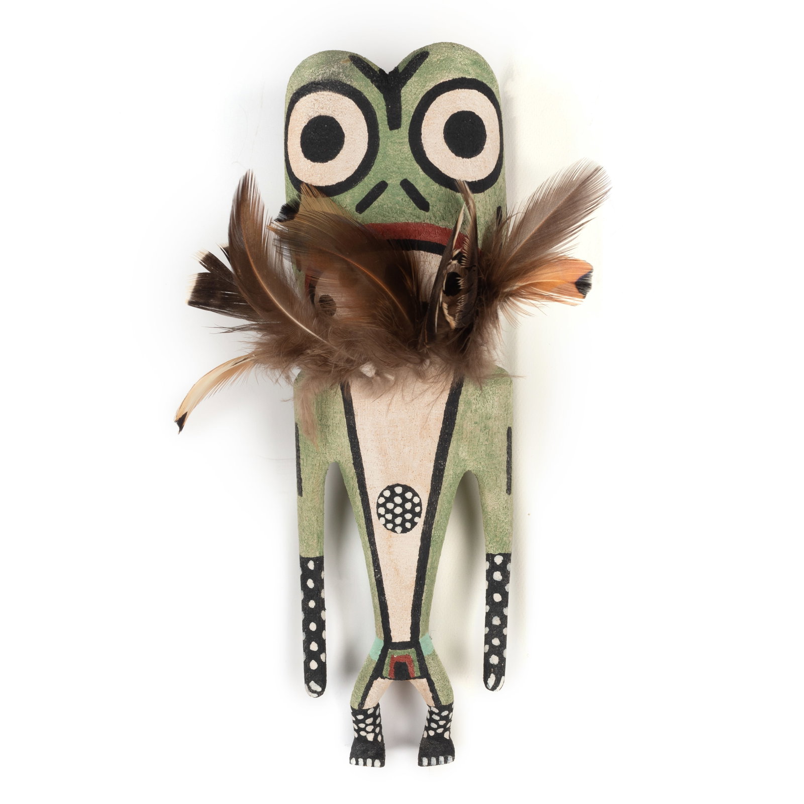 Hopi, Frog Katsina: Hopi Frog Katsina carved cottonwood, pigments, feathers 7 3/4 x 4 x 3 in. (19.7 x 10.2 x 7.6 cm.) The Jeanne and David Milton Collection