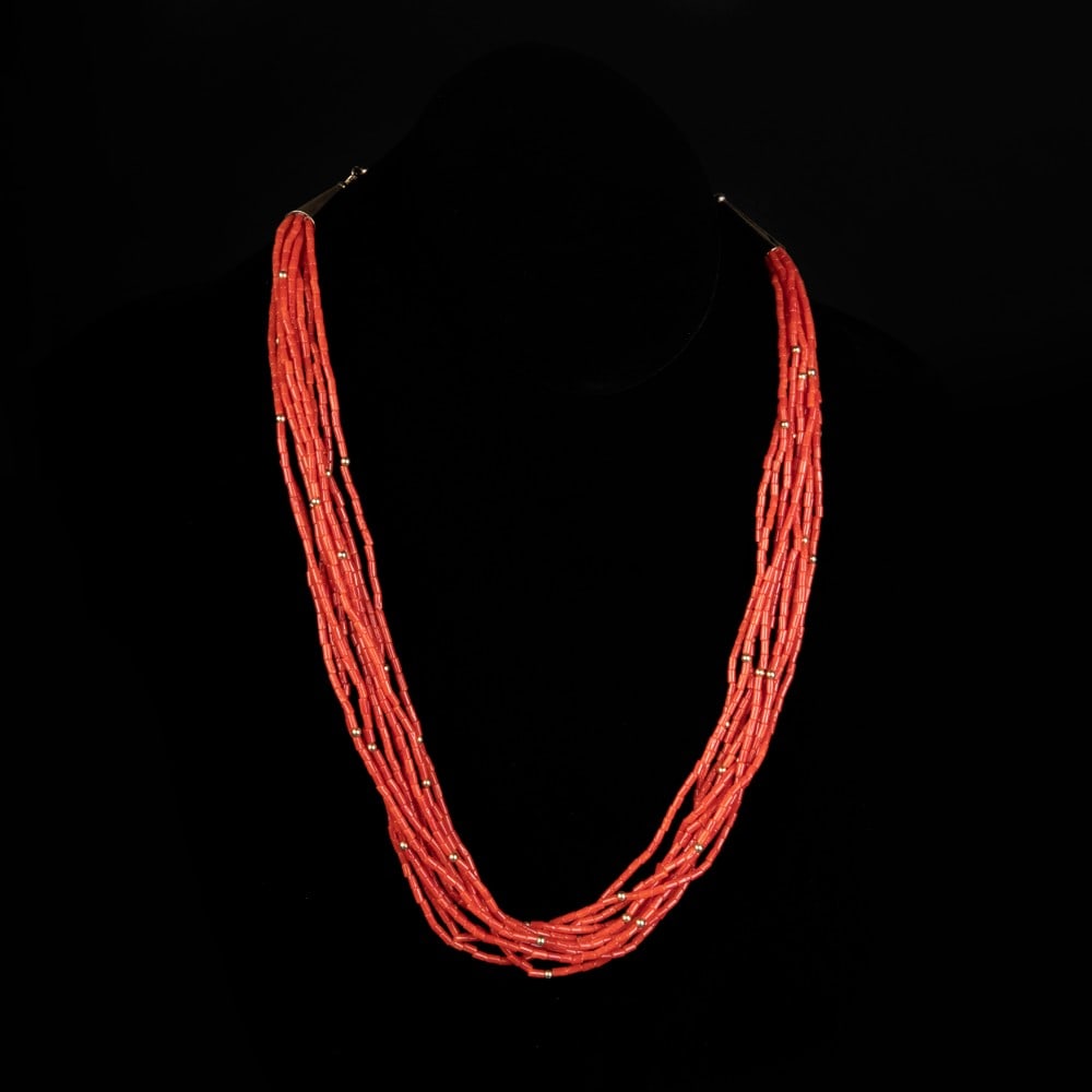 Pueblo, 10 Strand Coral and 18K Gold Bead Necklace (1 of 3)