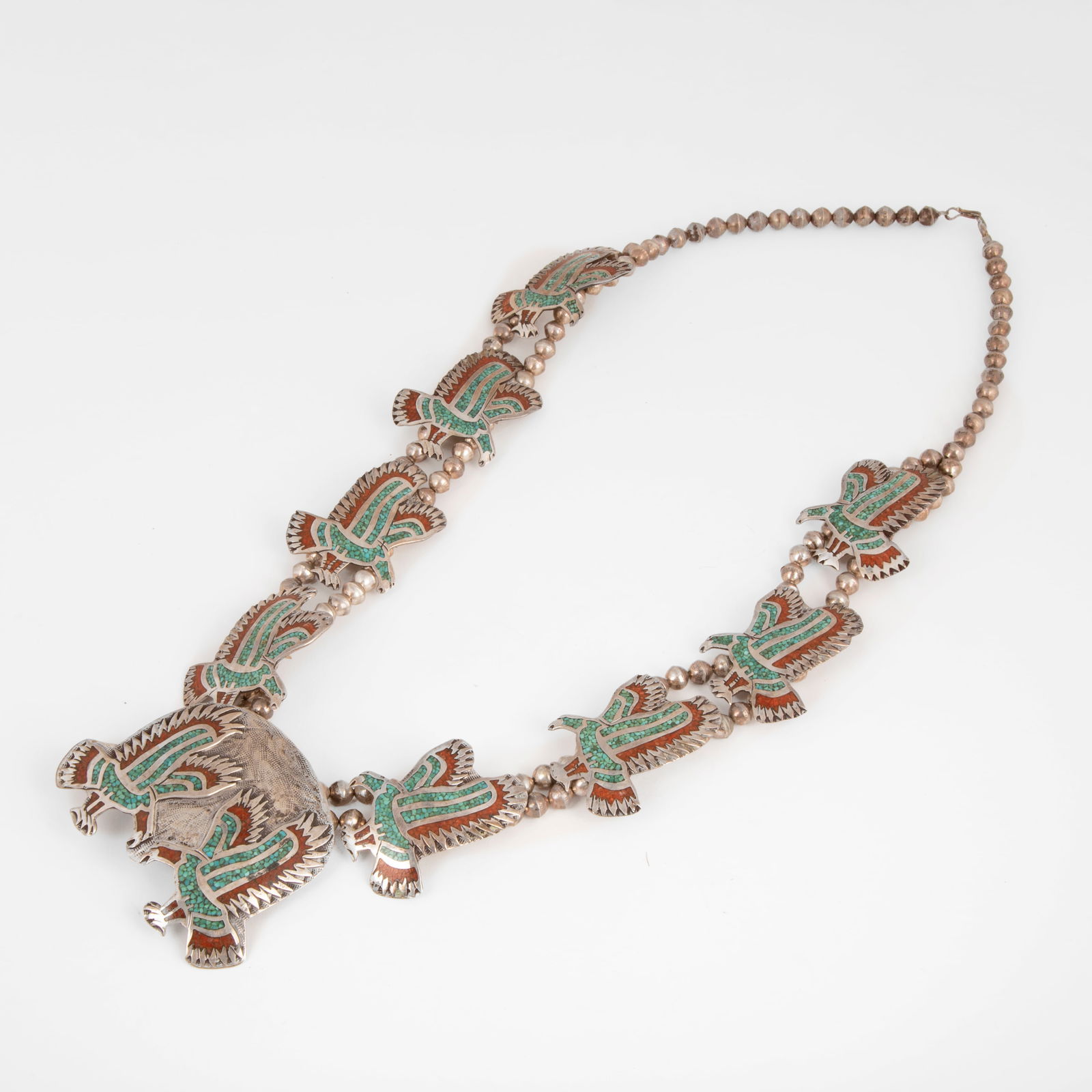 William Singer, (Dine [Navajo], 20th Century), Silver, Turquoise and Coral Chip Inlay Eagle Necklace (1 of 1)