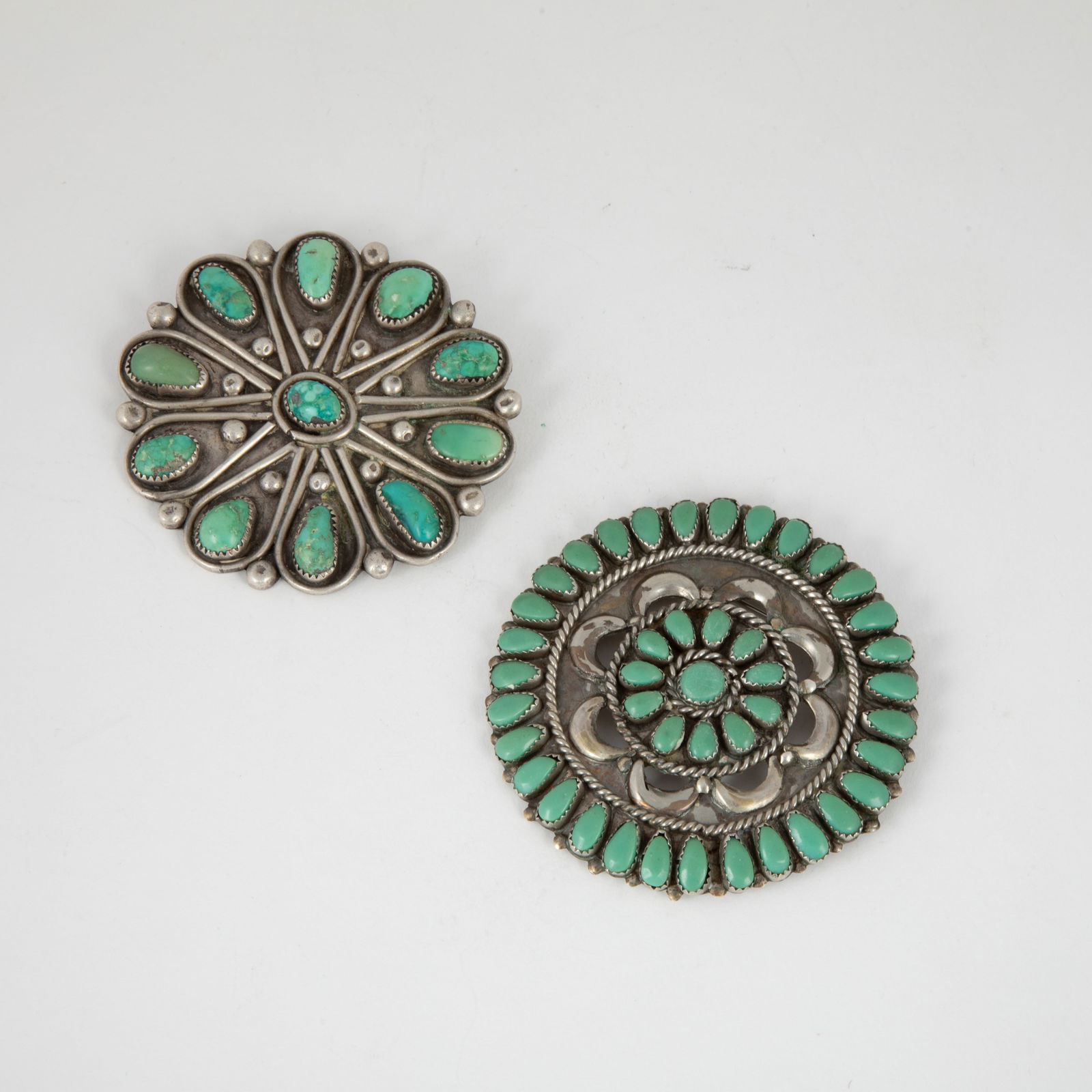 2 Zuni and Dine [Navajo] Silver + Green Turquoise Pins (1 of 2)